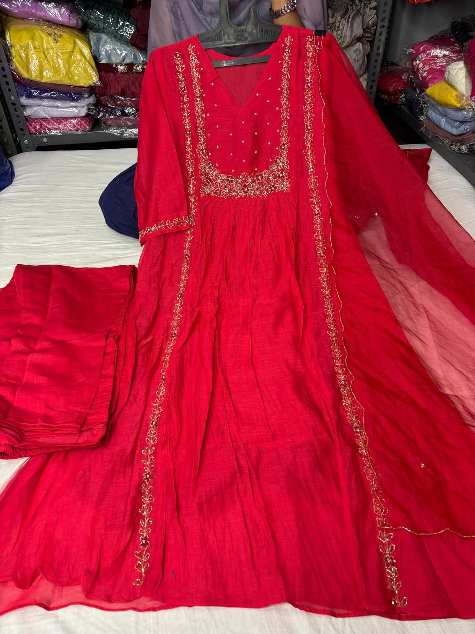 “Ayza” Premium Red Mul Chanderi A Line Suit set 🛍️