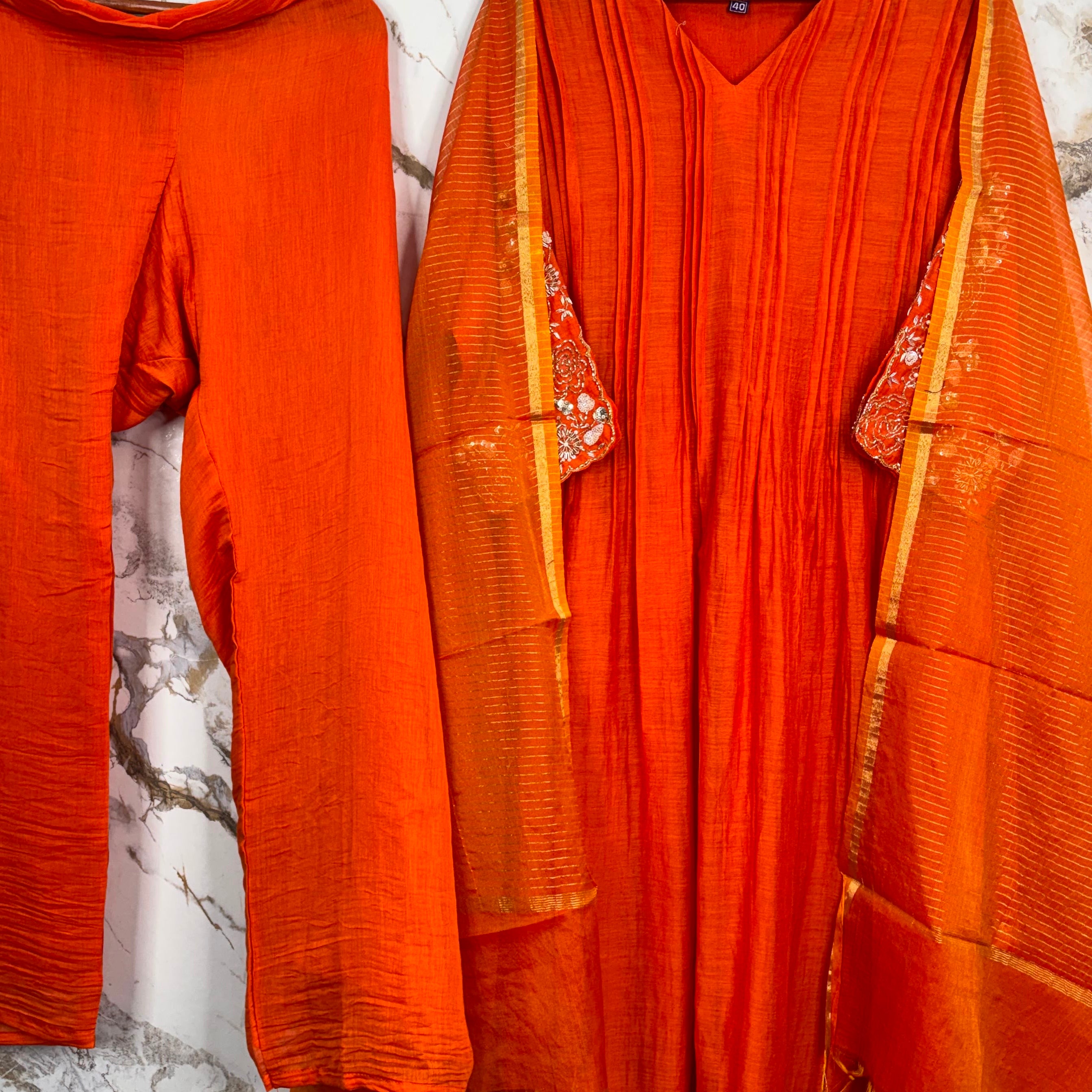 🛍️”Az025 – Premium Banaras Mul Chanderi A Line Kurta Set