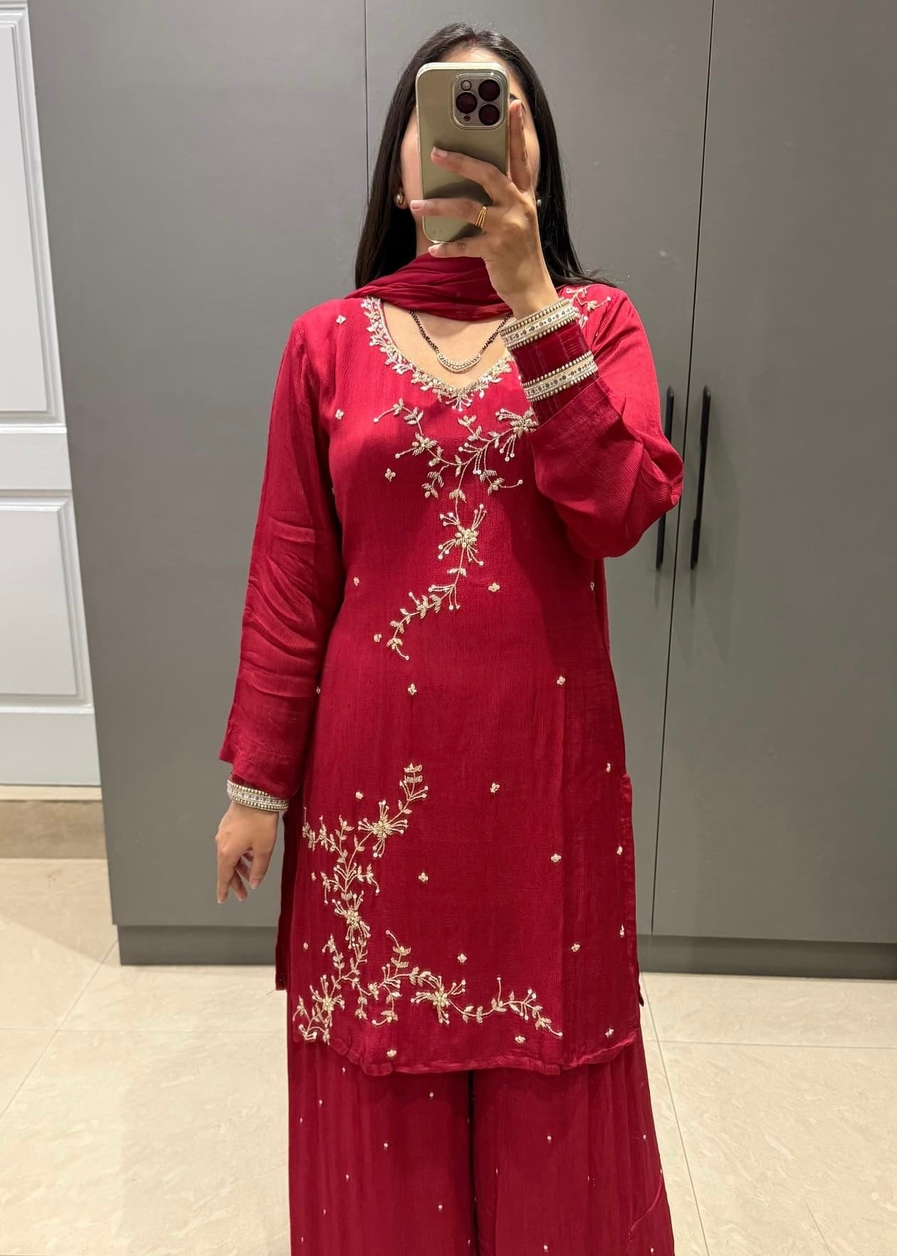 “Alya” Chinnon Silk Heavy Handwork Kurta Palazzo Set with Dupatta