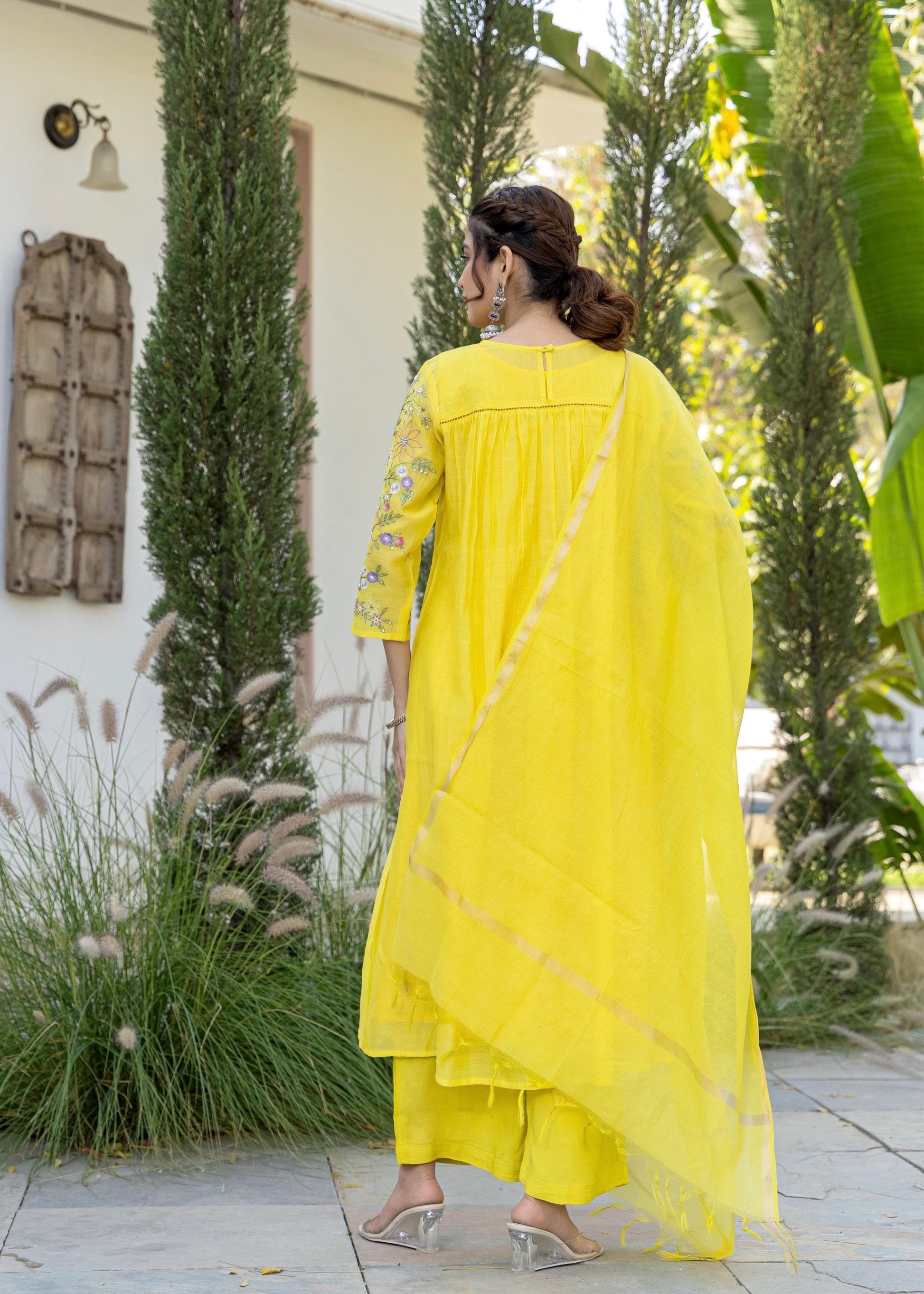 “Aanya” Bright Yellow Mul Chanderi Handwork Anarkali suit set