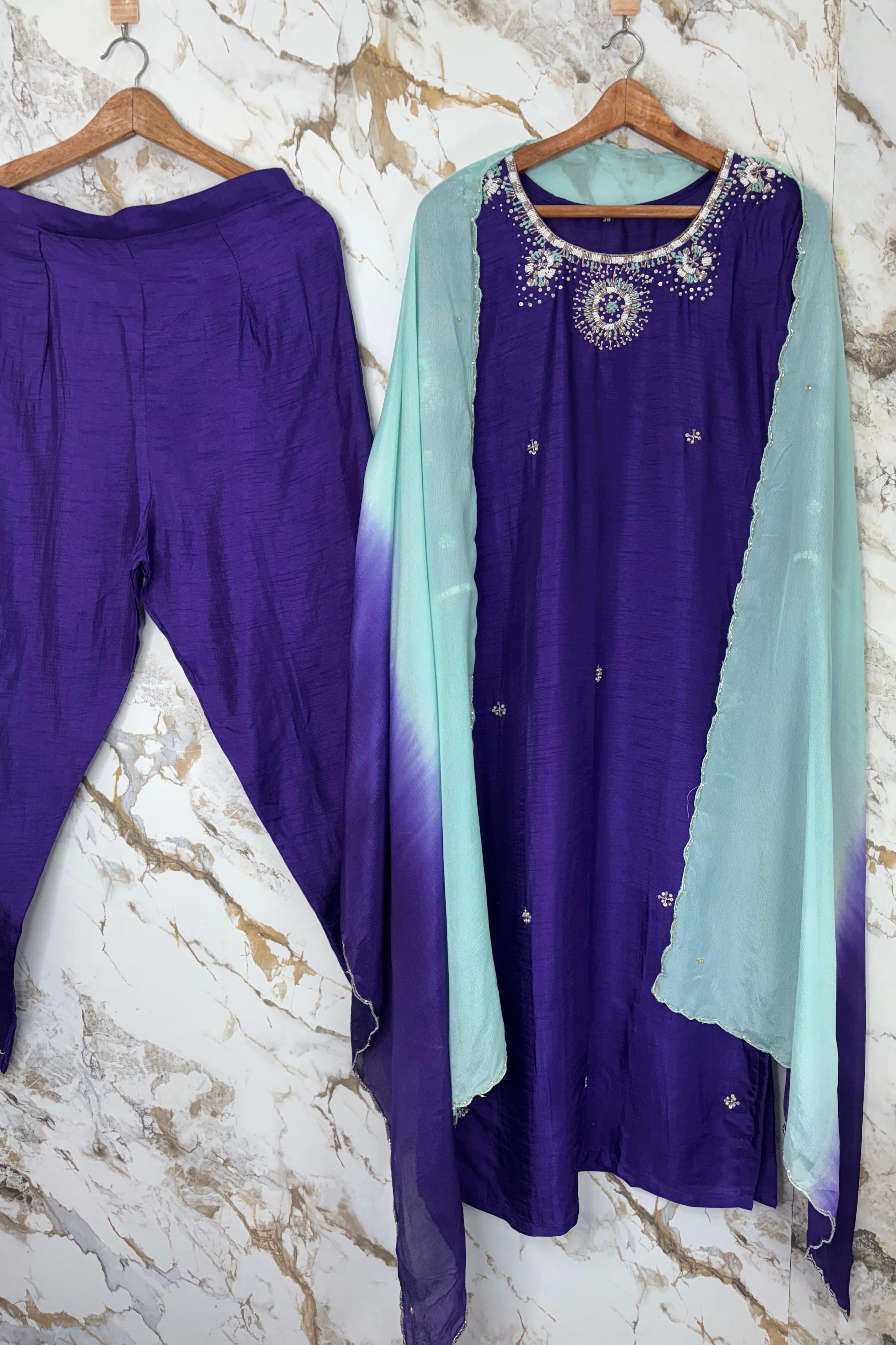 ✨ “Aqua – Royal Purple Dola Silk Kurta Set with Ombre Dupatta