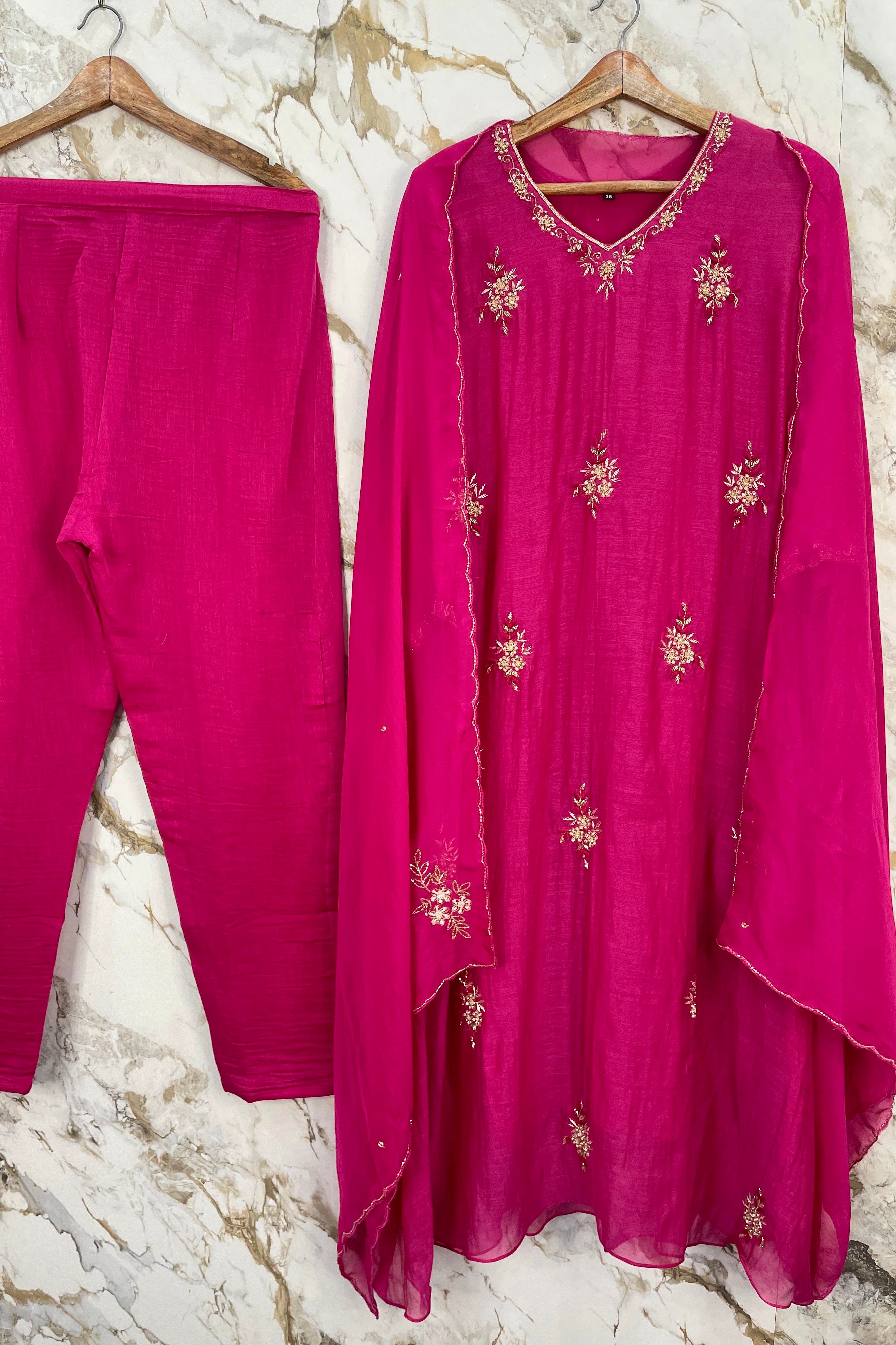 💕Zidan- Premium Pink Mul Chanderi A Line Suit set 🛍️