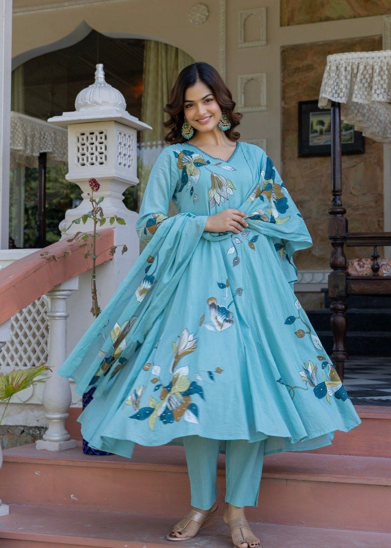 “Zoey” Premium Mulmul Hand brush print Anarkali suit
