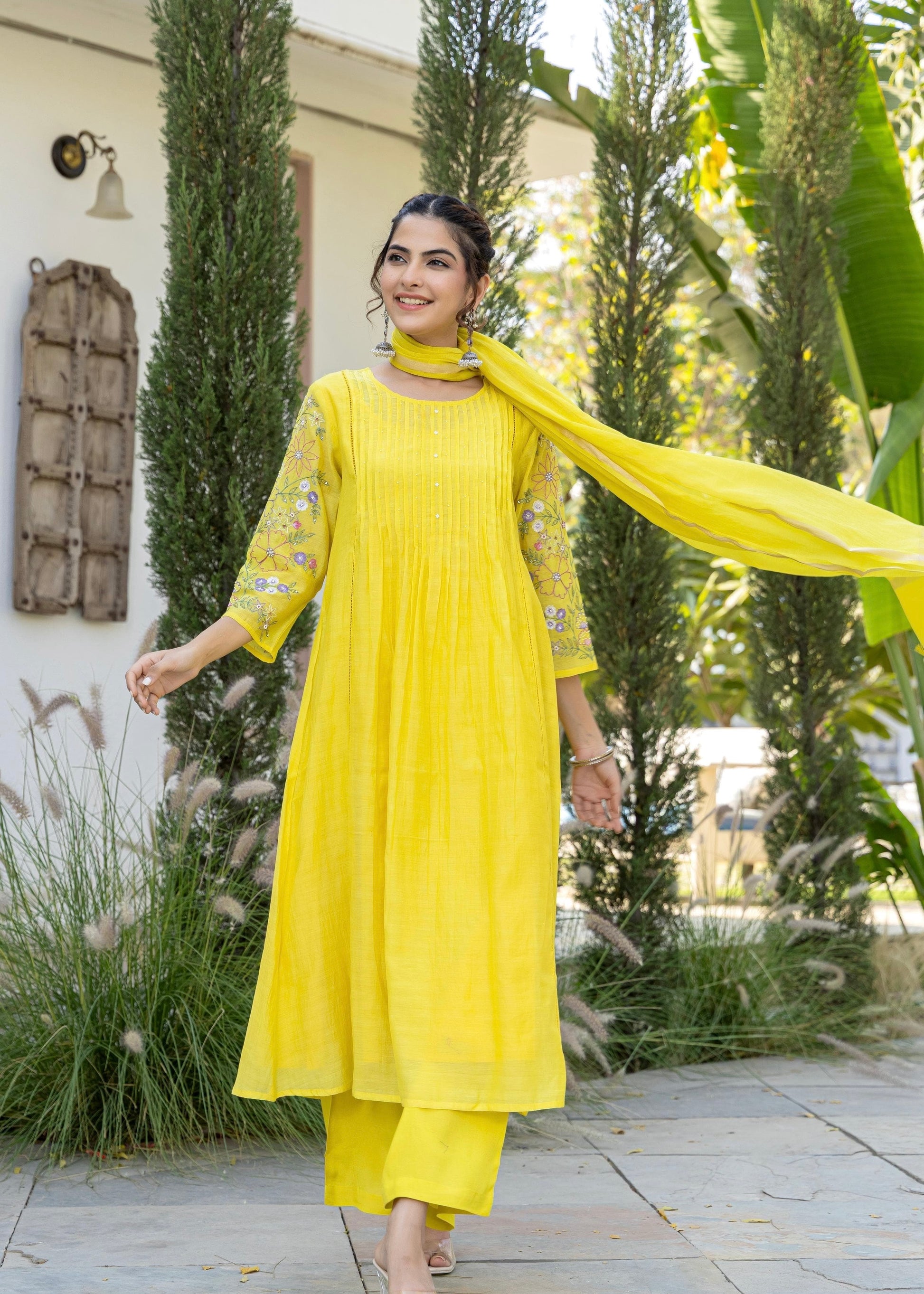 “Aanya” Bright Yellow Mul Chanderi Handwork Anarkali suit set