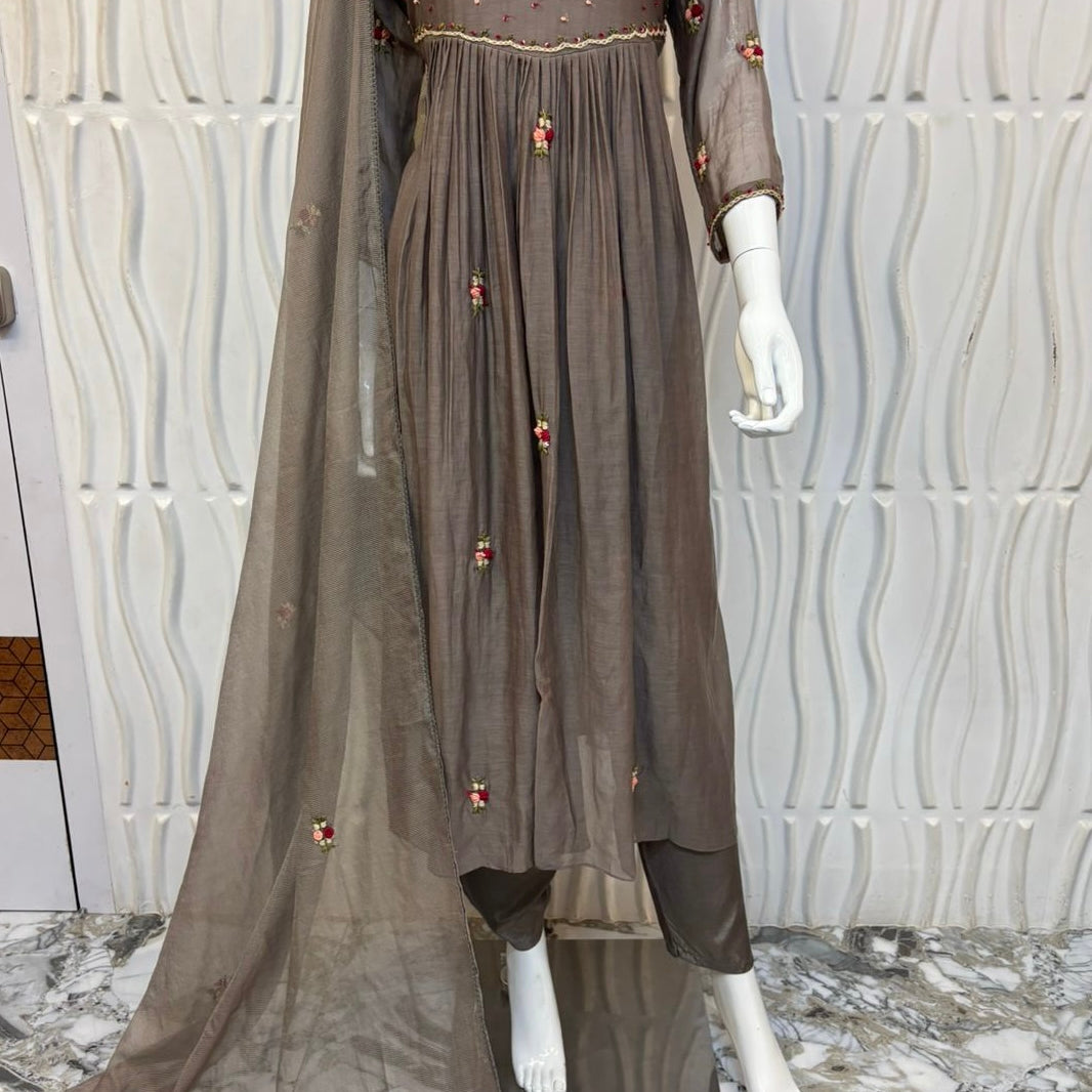 ✨” Smoky- Latest Smoky Taupe Grey Chanderi A-Line Kurta Set✨