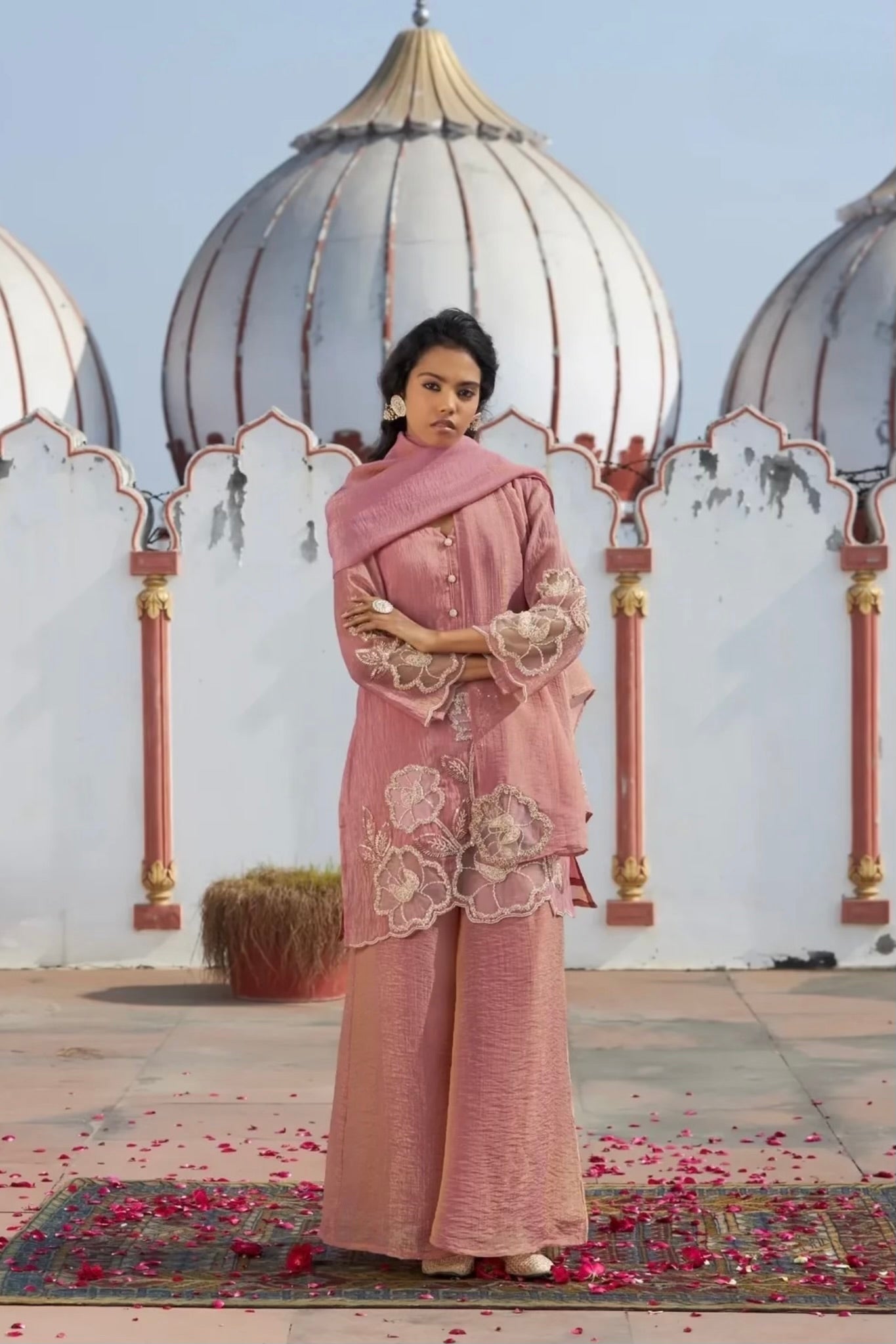 ✨Zarmina- Rose Gold Shimmer Crushed Tissue Palazzo Suit