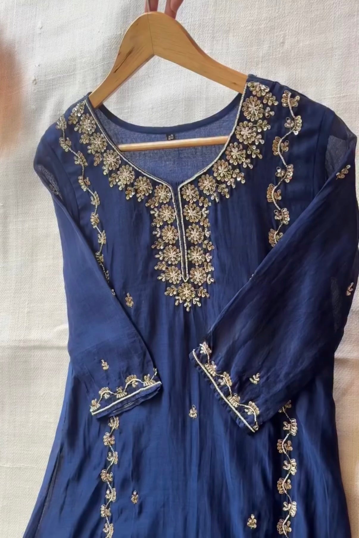 “Faraj” Navy Blue Pure Mul-Chanderi Party wear A Line suit set