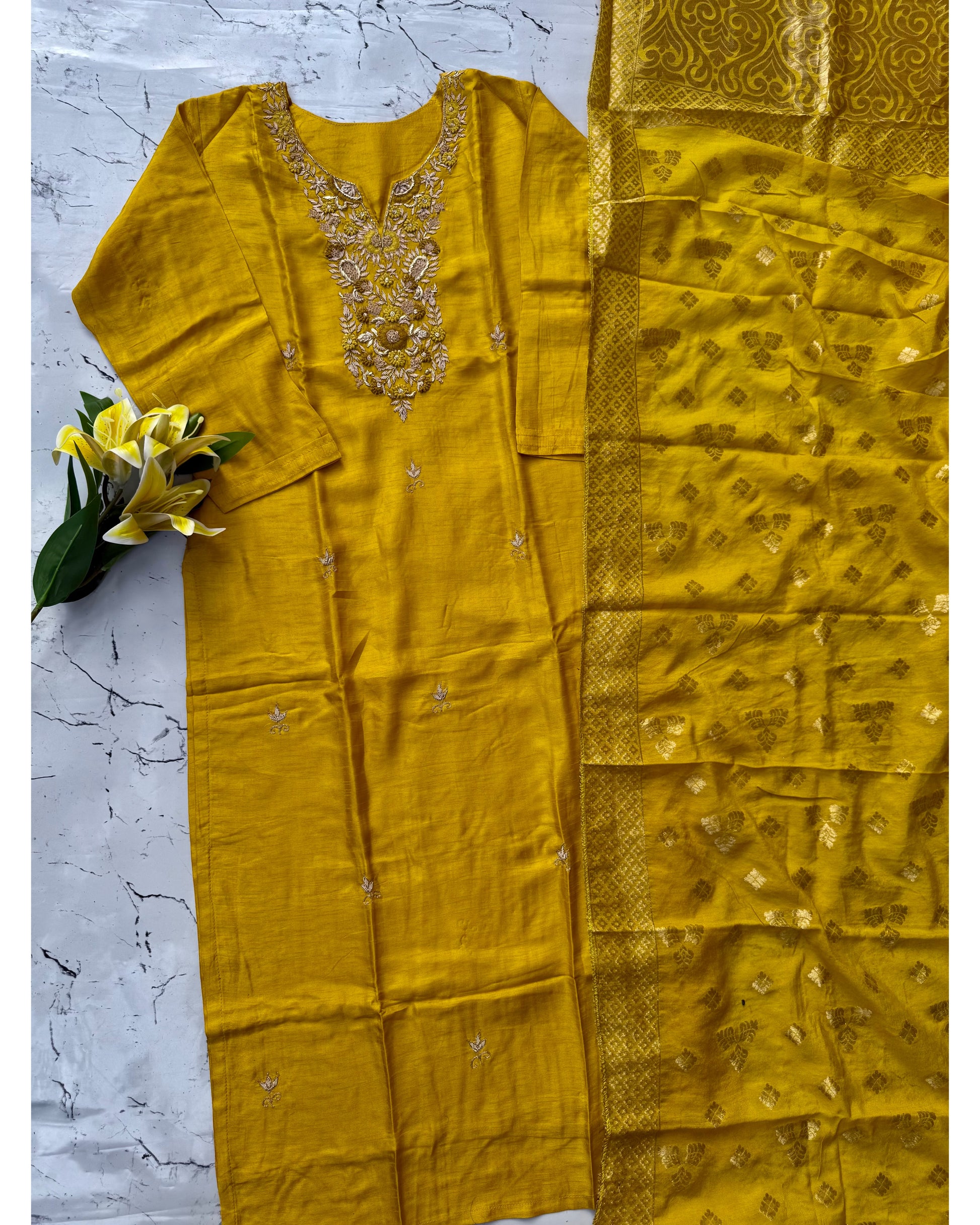 "Nadia" Mustard yellow dola silk kurta set