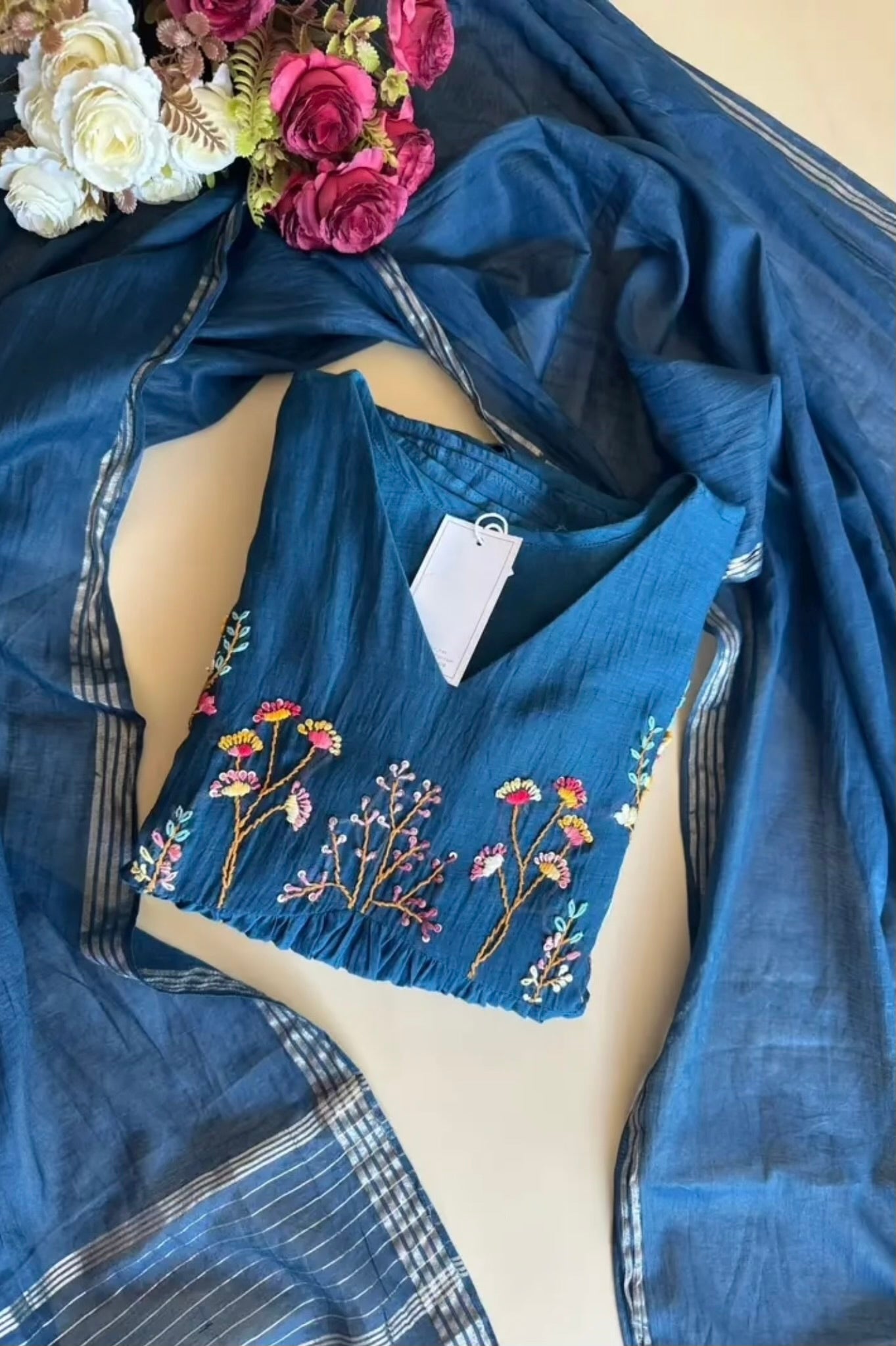 💙AYRA- Blue  Mul Chanderi Thread Work Anarkali Kurta Set