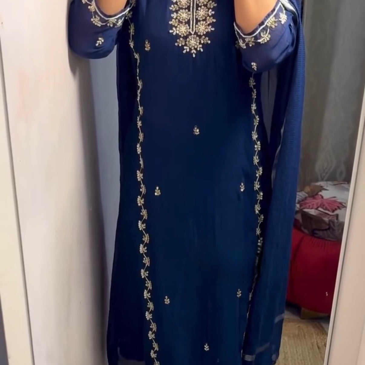 “Faraj” Navy Blue Pure Mul-Chanderi Party wear A Line suit set