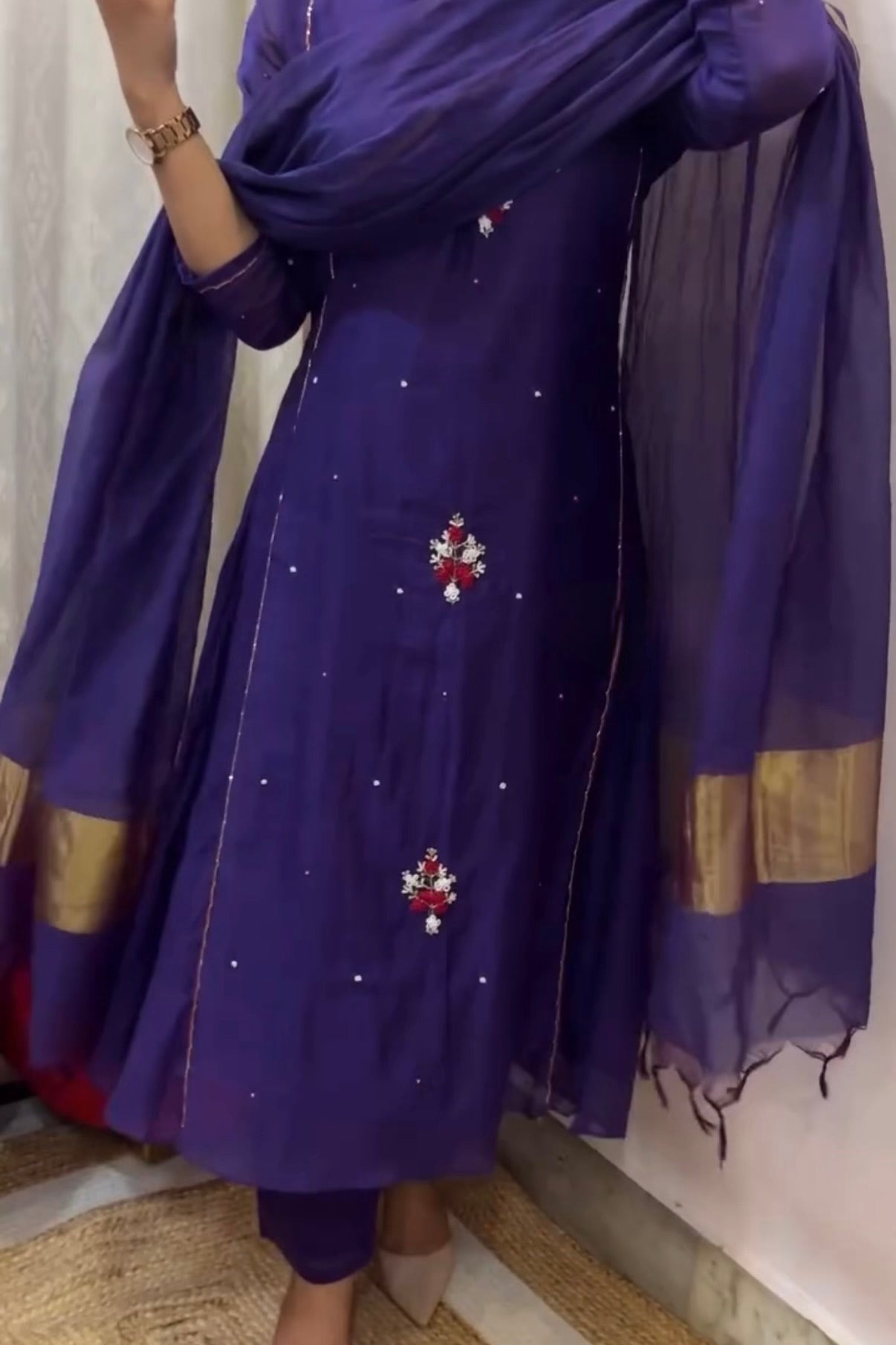 “Myra” Purple Mul Chanderi A-Line Anarkali Kurta set