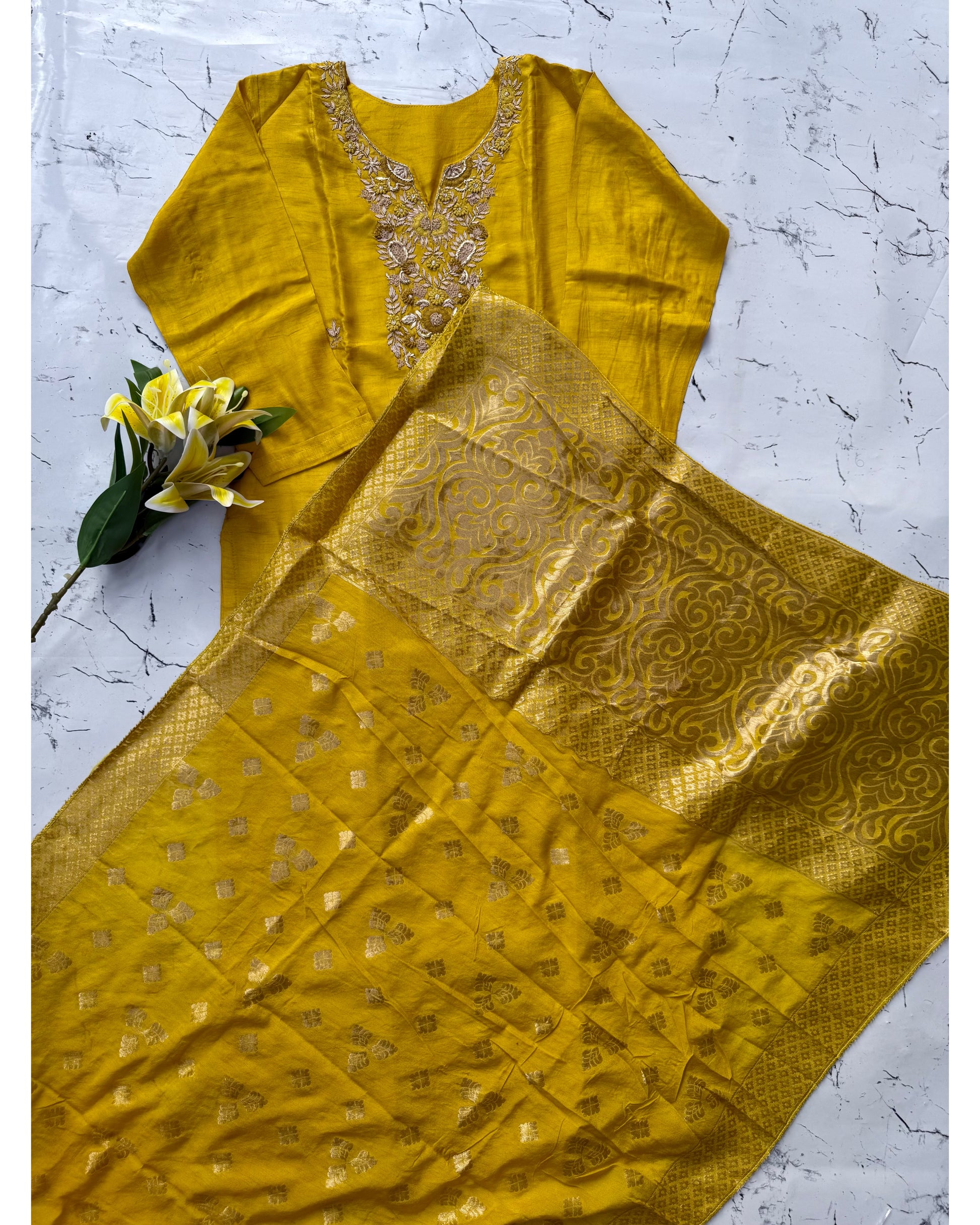 "Nadia" Mustard yellow dola silk kurta set
