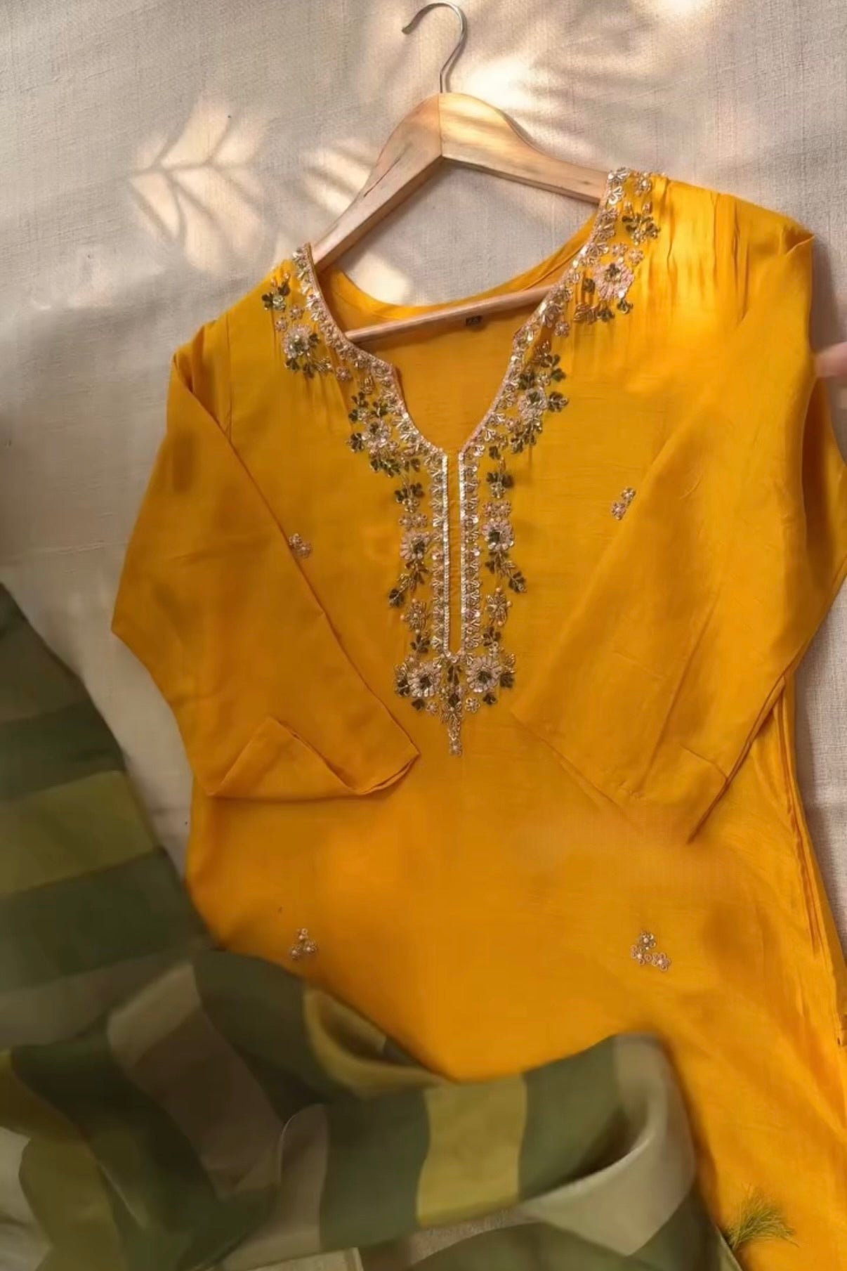 “AIRA” Mustard Yellow dola silk kurta with Green Striped Tissue Dupatta set