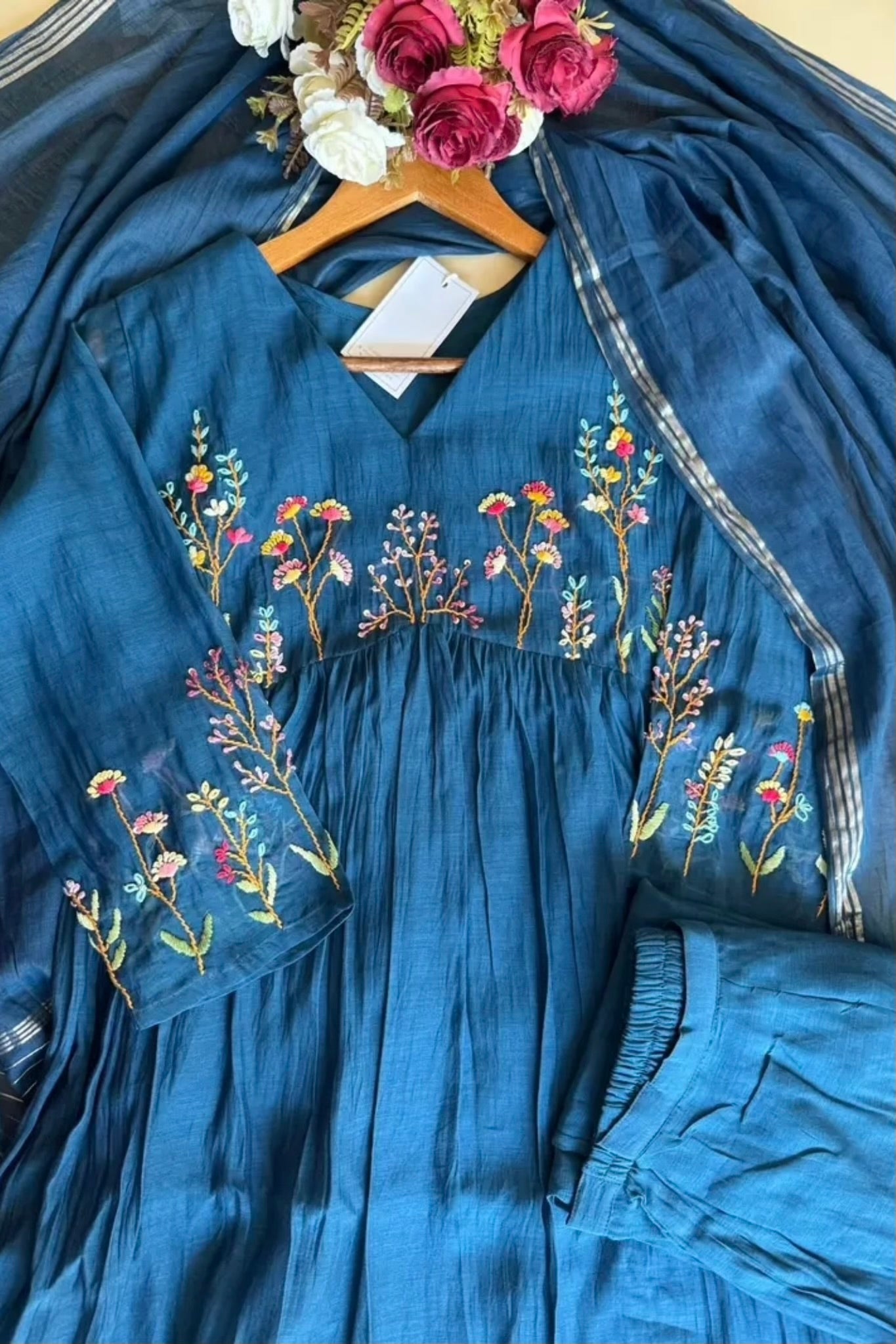 💙AYRA- Blue  Mul Chanderi Thread Work Anarkali Kurta Set