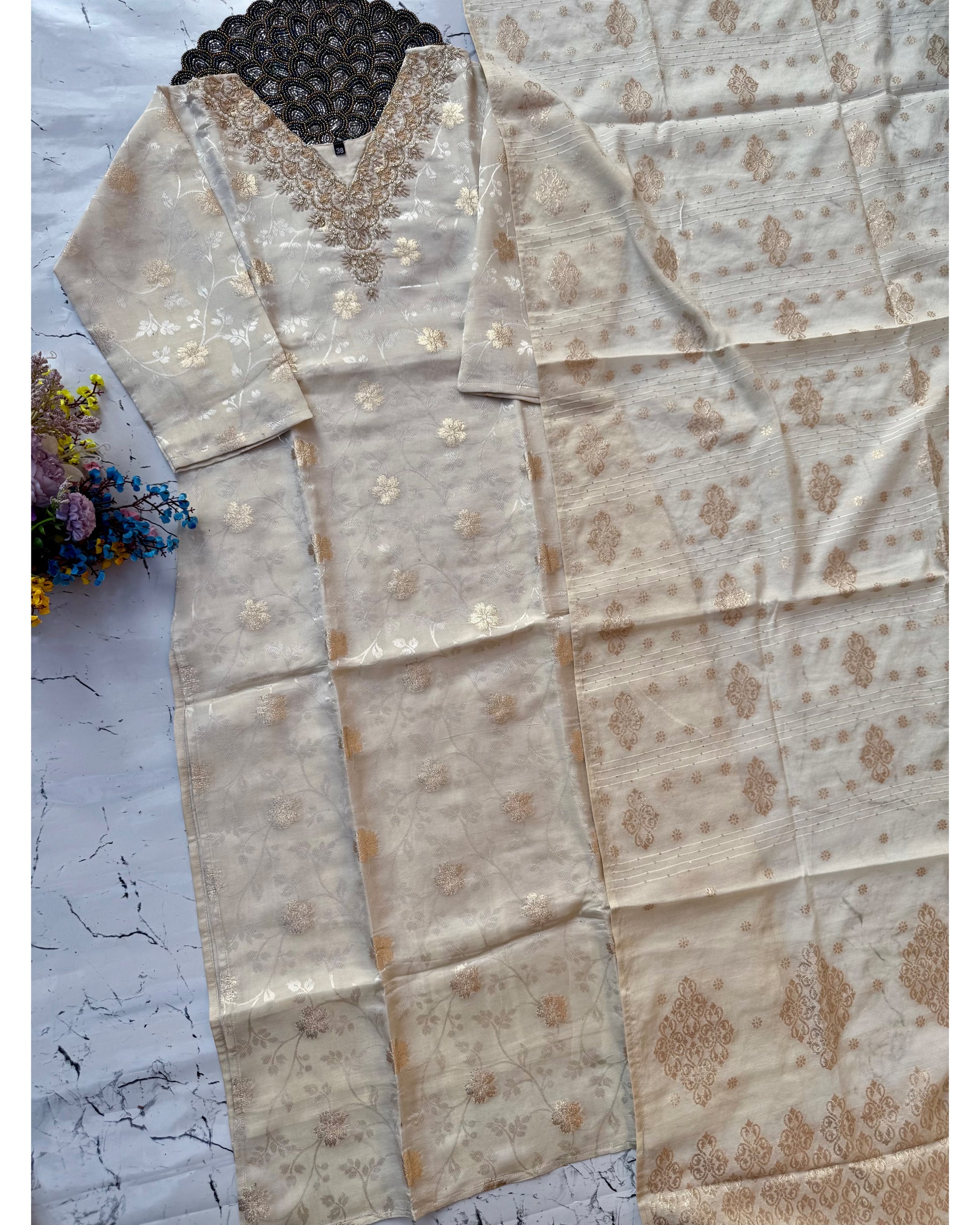 ‘’SANGINI” Beautiful off white Tissue silk kurti bottom dupatta set 🛍️