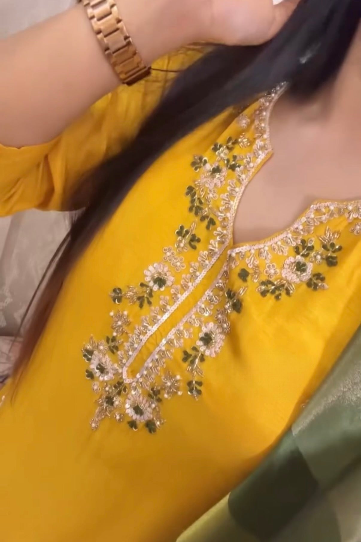 “AIRA” Mustard Yellow dola silk kurta with Green Striped Tissue Dupatta set