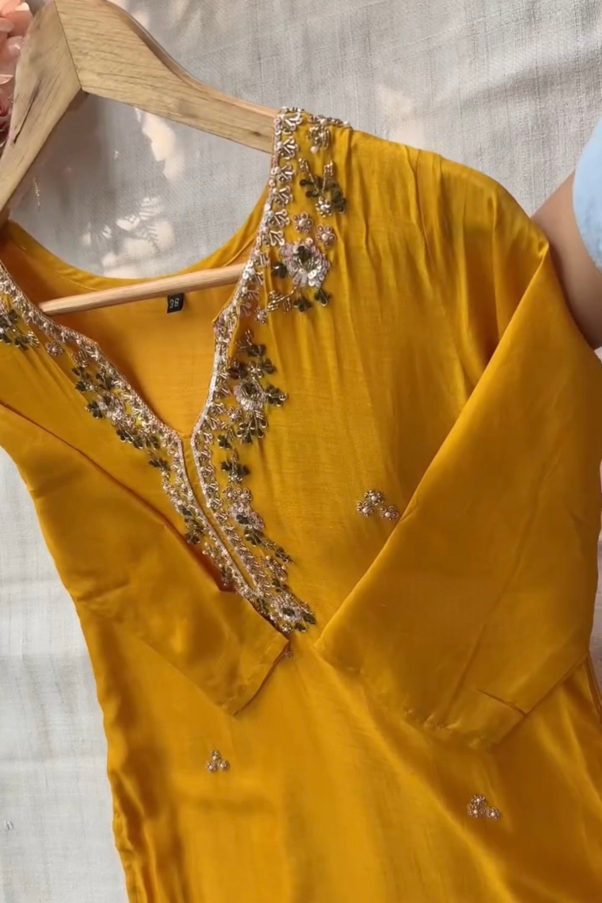 “AIRA” Mustard Yellow dola silk kurta with Green Striped Tissue Dupatta set