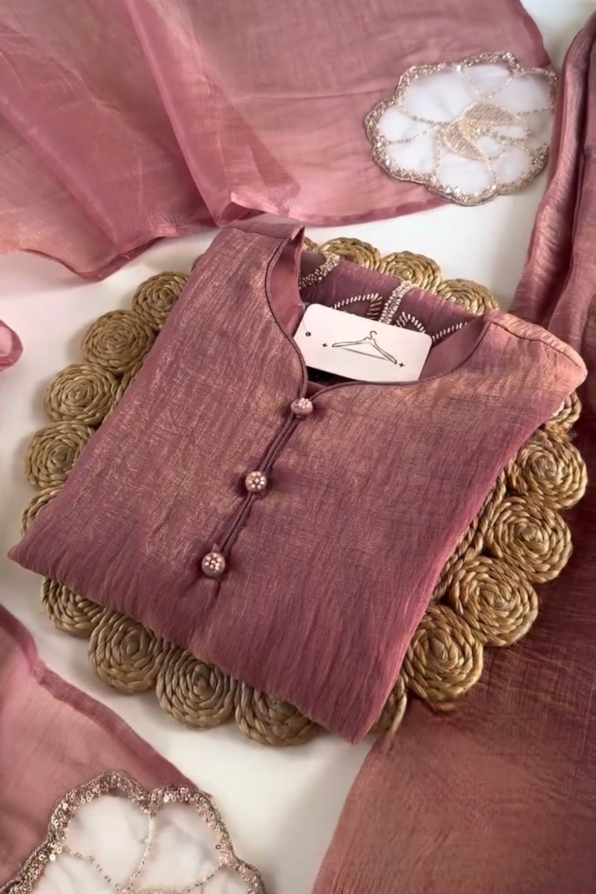 ✨Zarmina- Rose Gold Shimmer Crushed Tissue Palazzo Suit