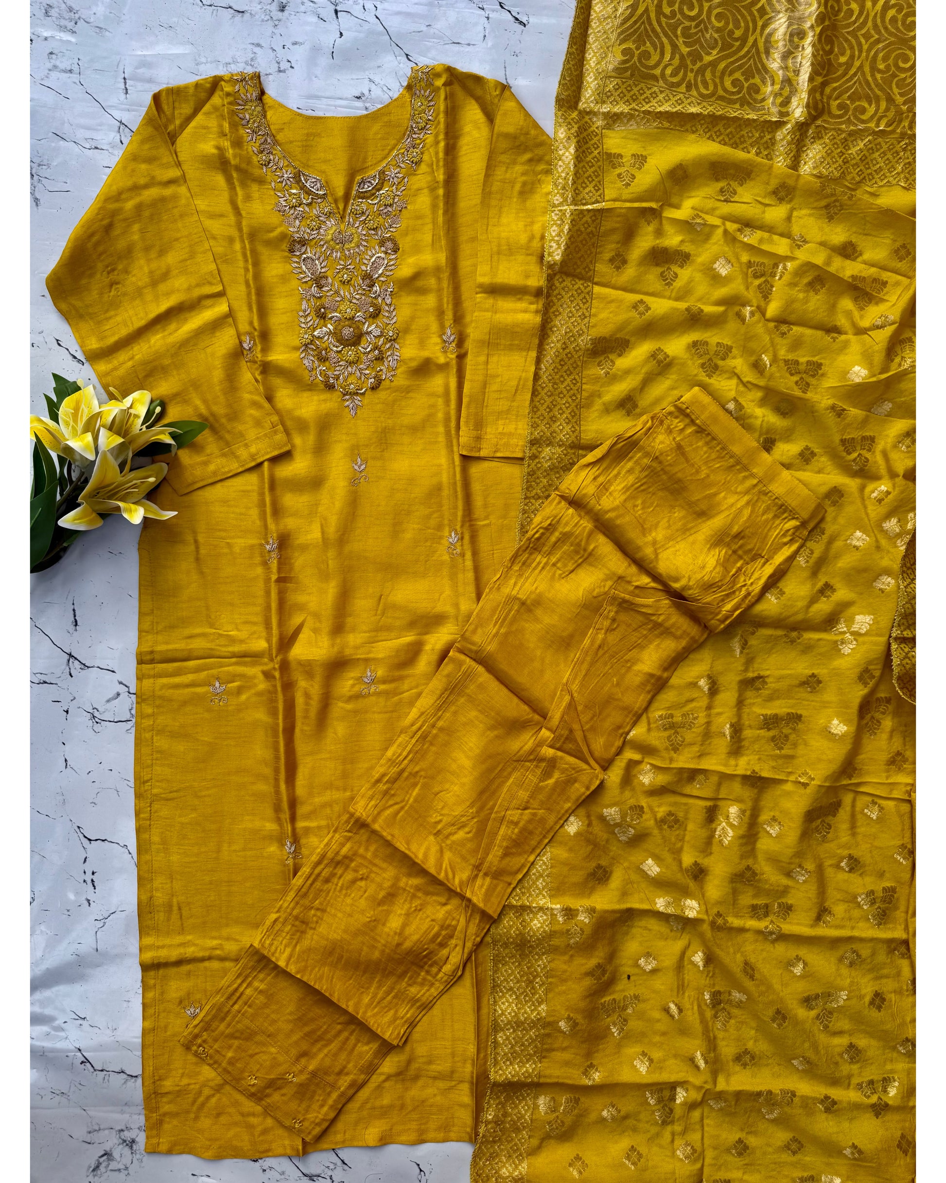 "Nadia" Mustard yellow dola silk kurta set