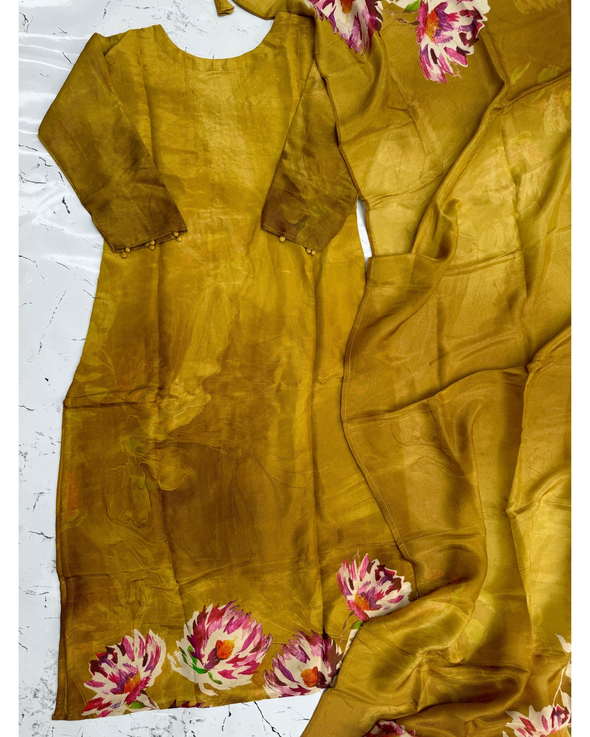 "MARYAM" Mustard printed Tissue silk kurti with heavy handwork set