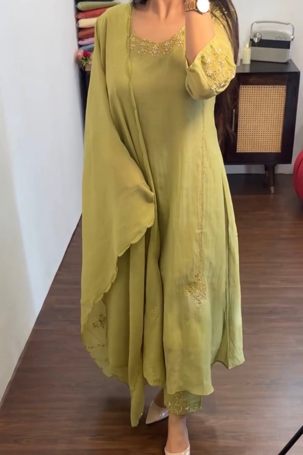 💕”Nayra – Premium Mul Chanderi A-Line Kurta Set