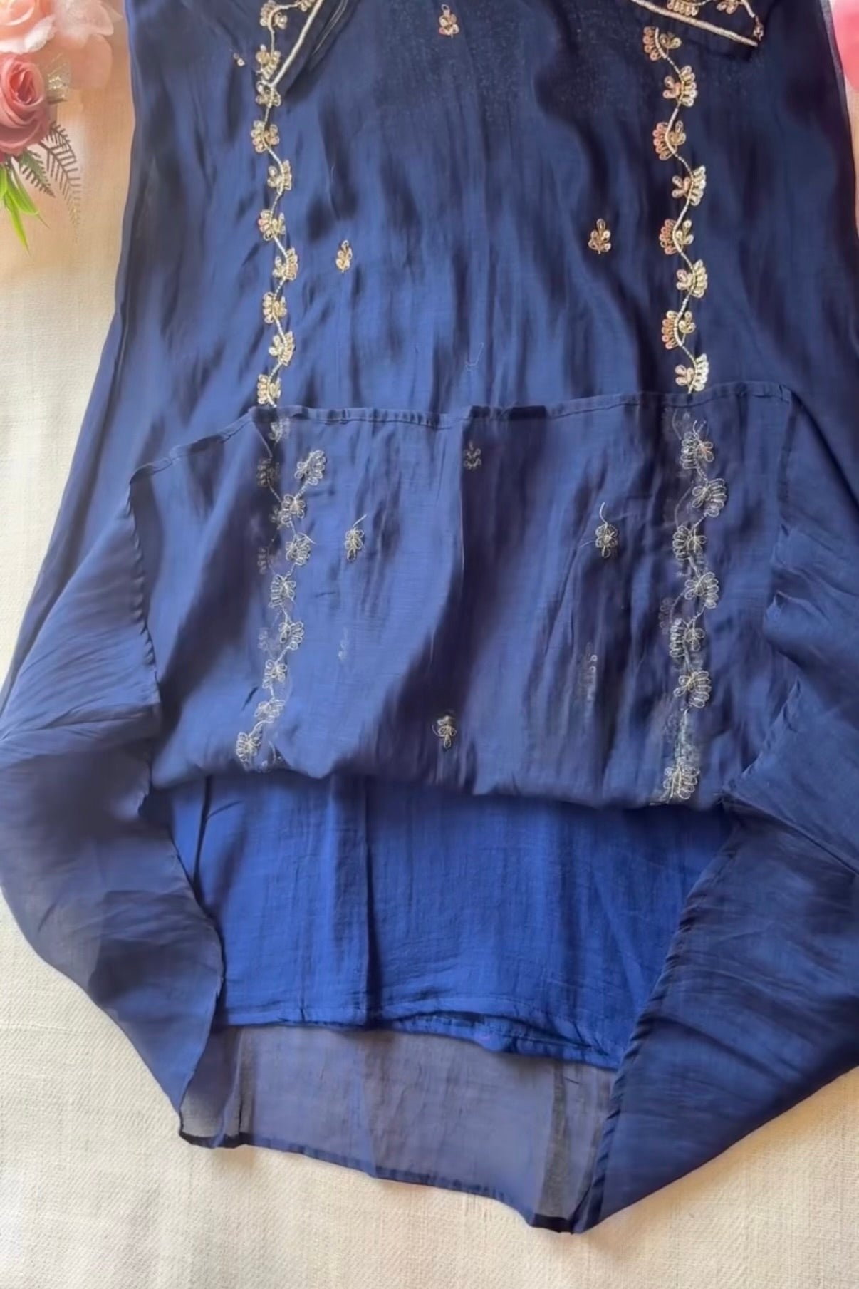 “Faraj” Navy Blue Pure Mul-Chanderi Party wear A Line suit set