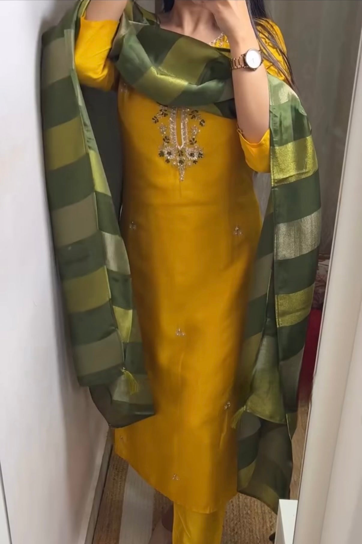 “AIRA” Mustard Yellow dola silk kurta with Green Striped Tissue Dupatta set