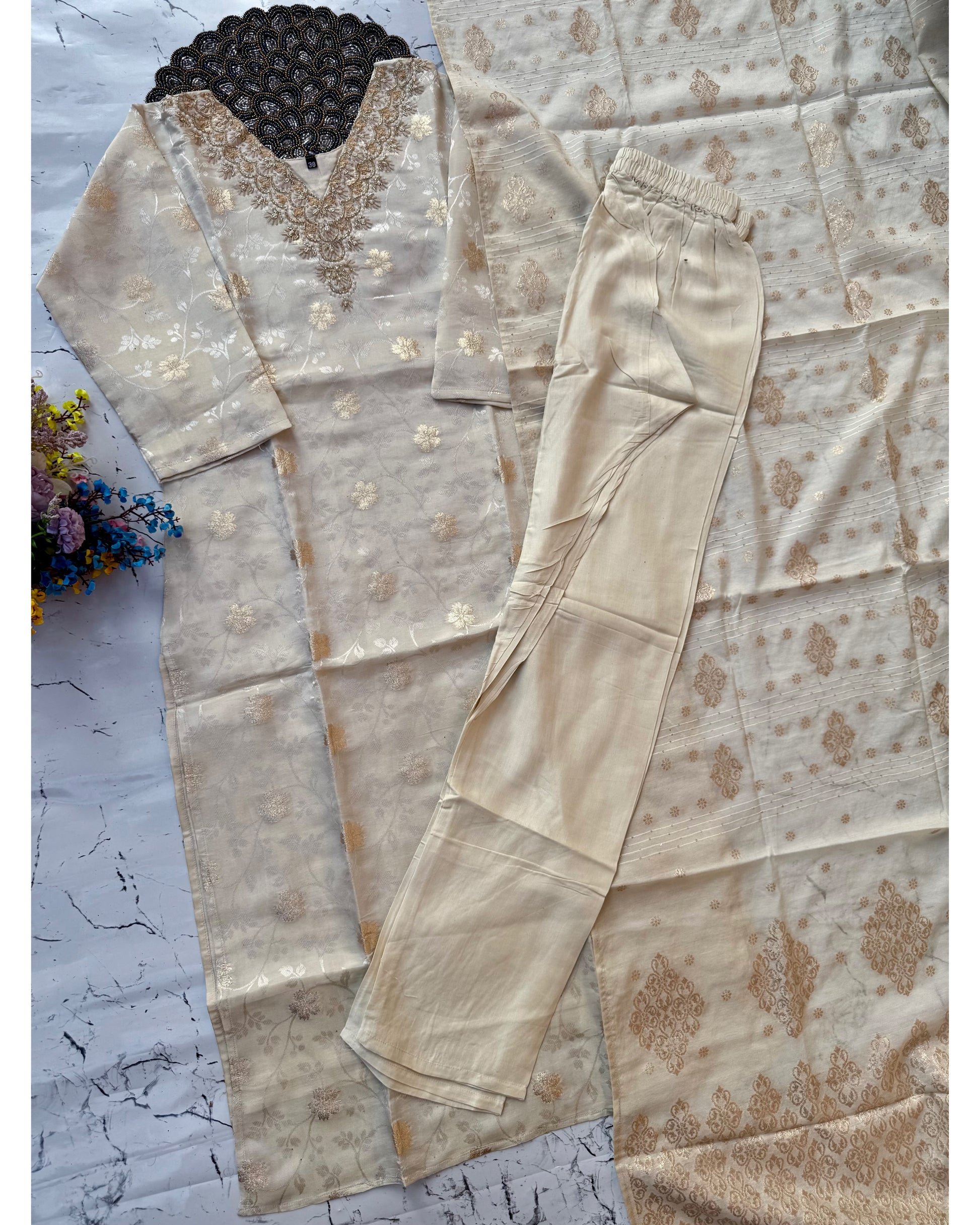 ‘’SANGINI” Beautiful off white Tissue silk kurti bottom dupatta set 🛍️
