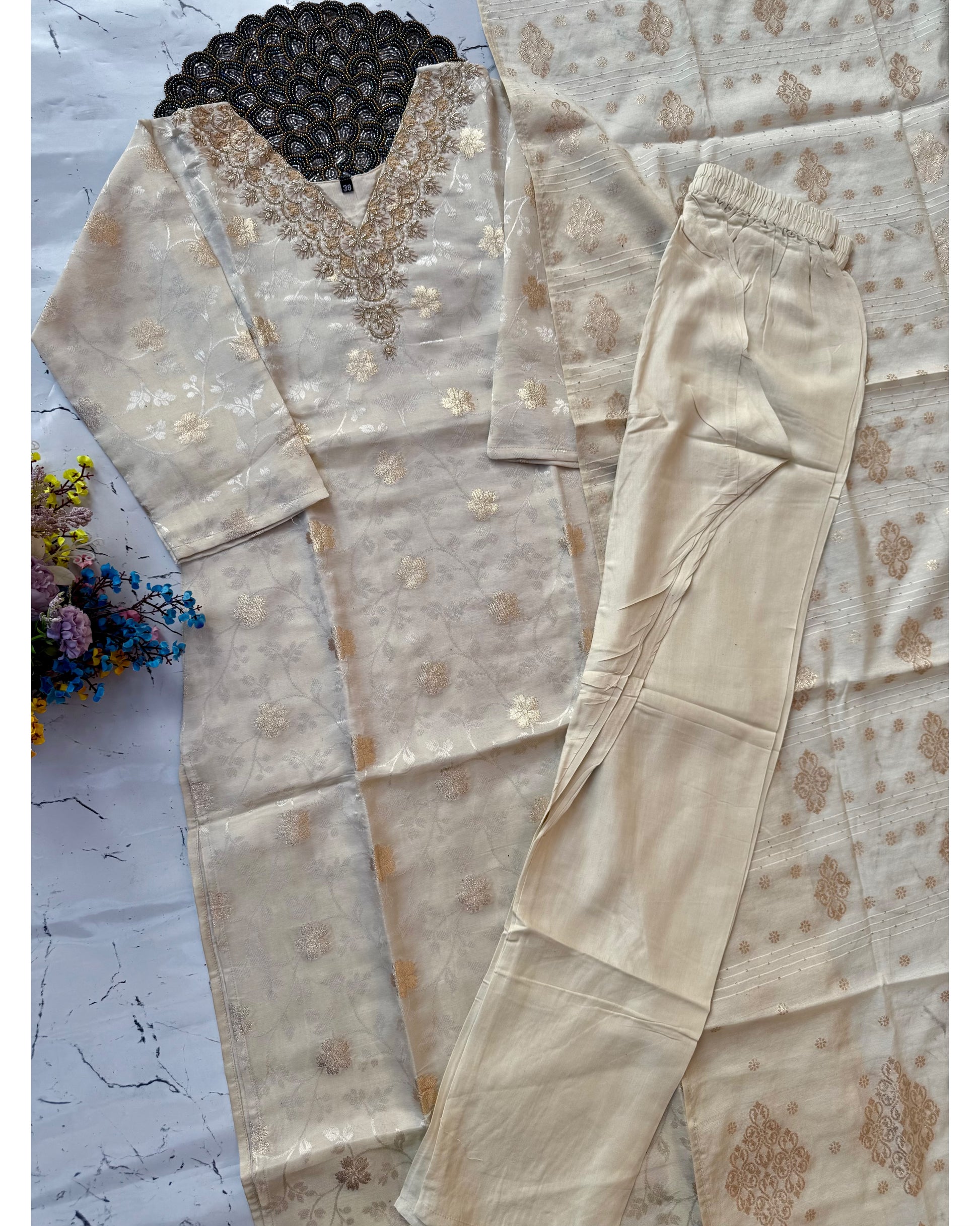 ‘’SANGINI” Beautiful off white Tissue silk kurti bottom dupatta set 🛍️