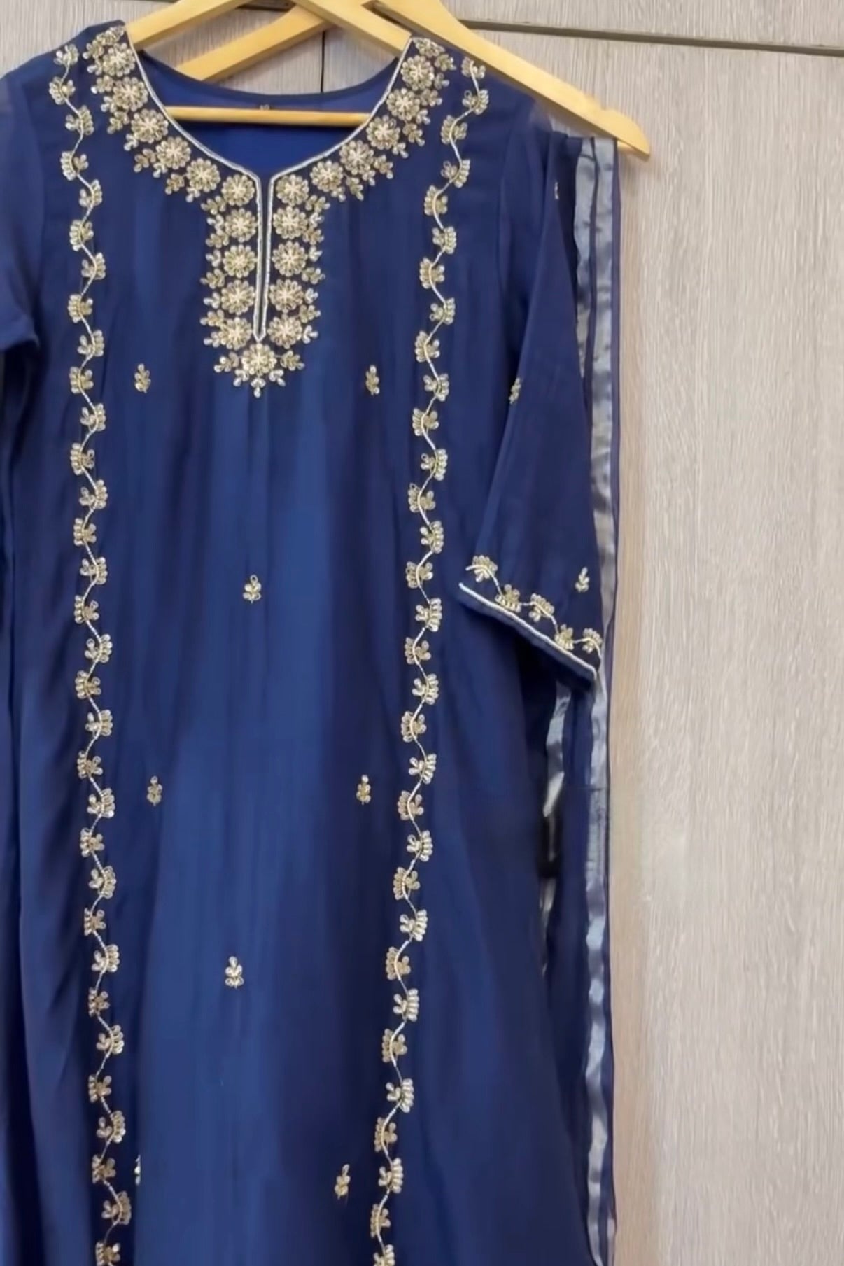 “Faraj” Navy Blue Pure Mul-Chanderi Party wear A Line suit set