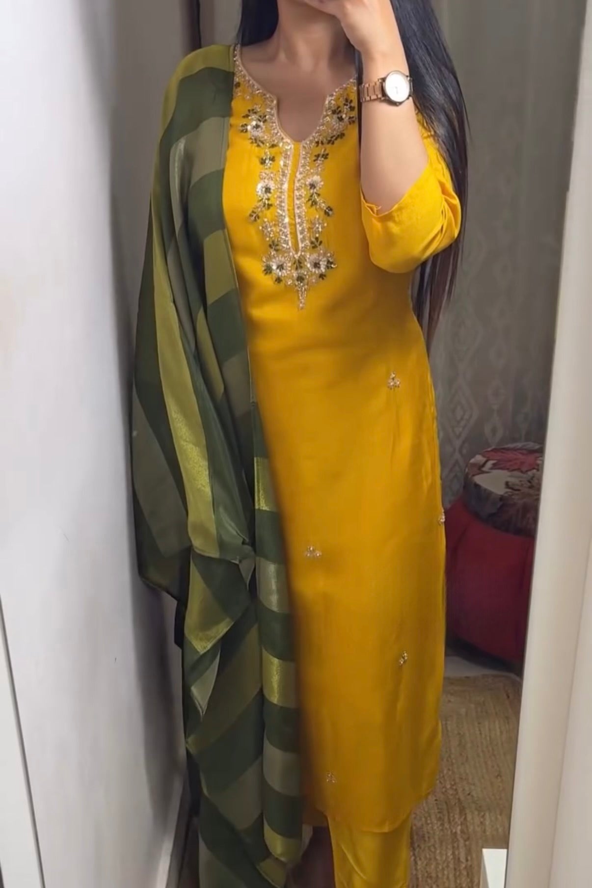 “AIRA” Mustard Yellow dola silk kurta with Green Striped Tissue Dupatta set