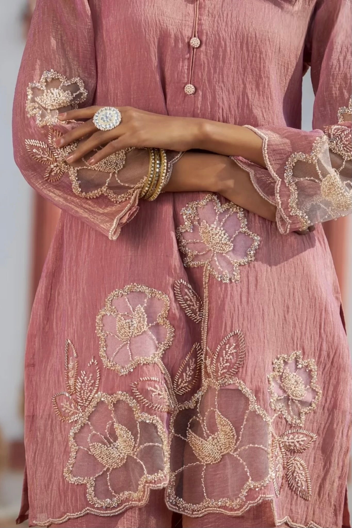 ✨Zarmina- Rose Gold Shimmer Crushed Tissue Palazzo Suit