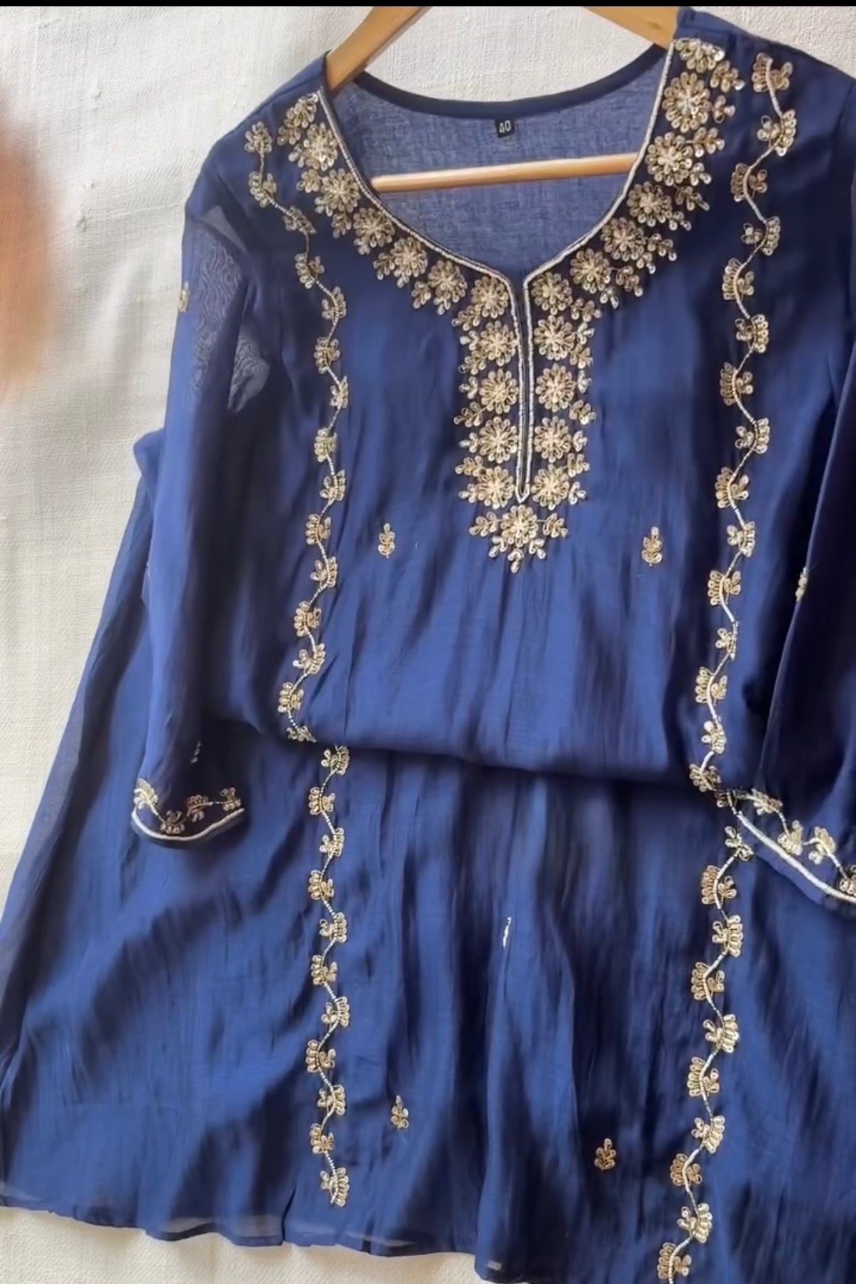 “Faraj” Navy Blue Pure Mul-Chanderi Party wear A Line suit set