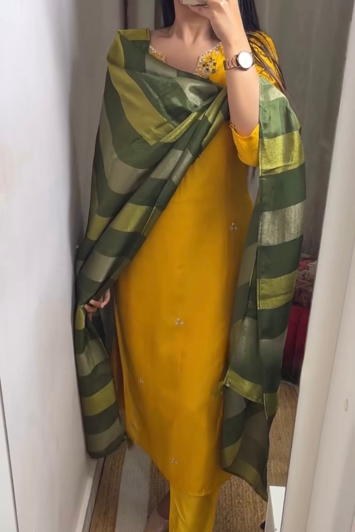 “AIRA” Mustard Yellow dola silk kurta with Green Striped Tissue Dupatta set