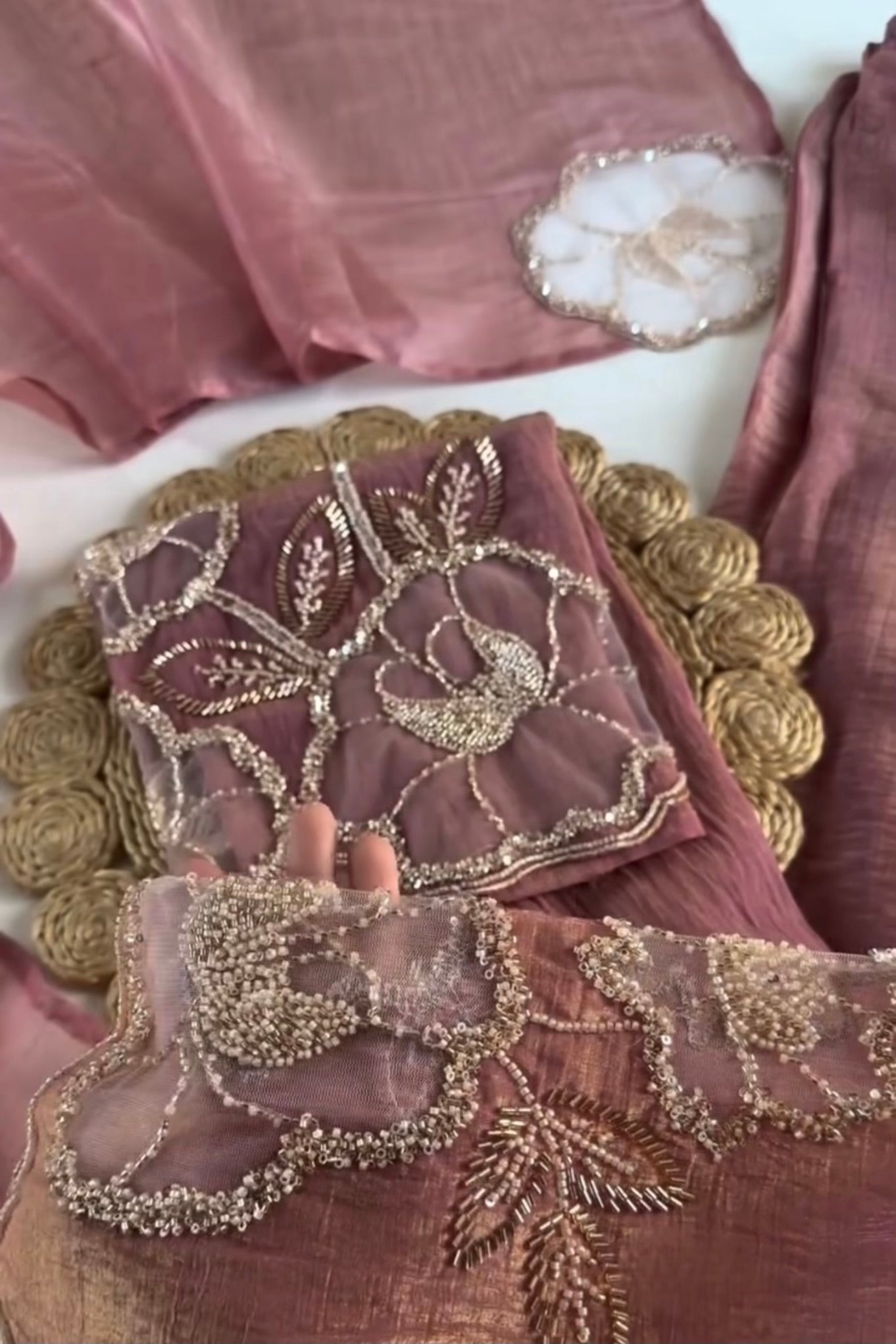 ✨Zarmina- Rose Gold Shimmer Crushed Tissue Palazzo Suit