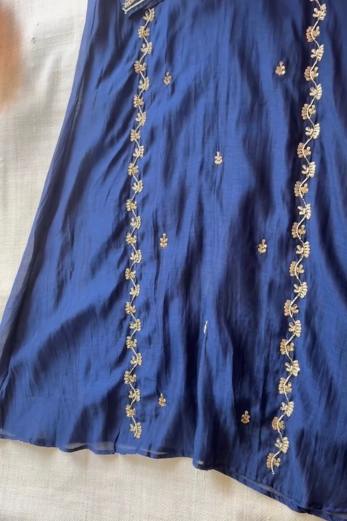 “Faraj” Navy Blue Pure Mul-Chanderi Party wear A Line suit set