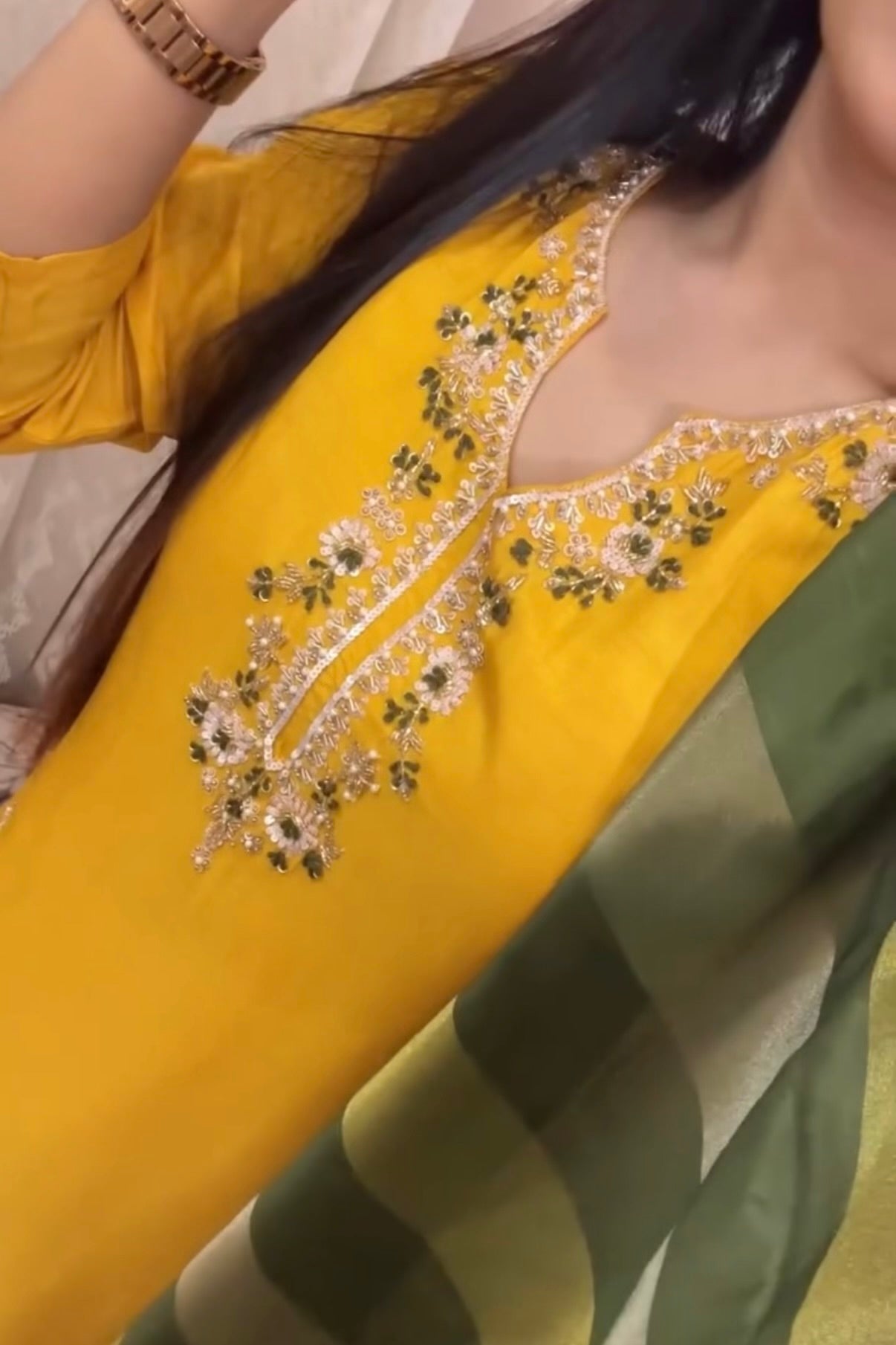 “AIRA” Mustard Yellow dola silk kurta with Green Striped Tissue Dupatta set