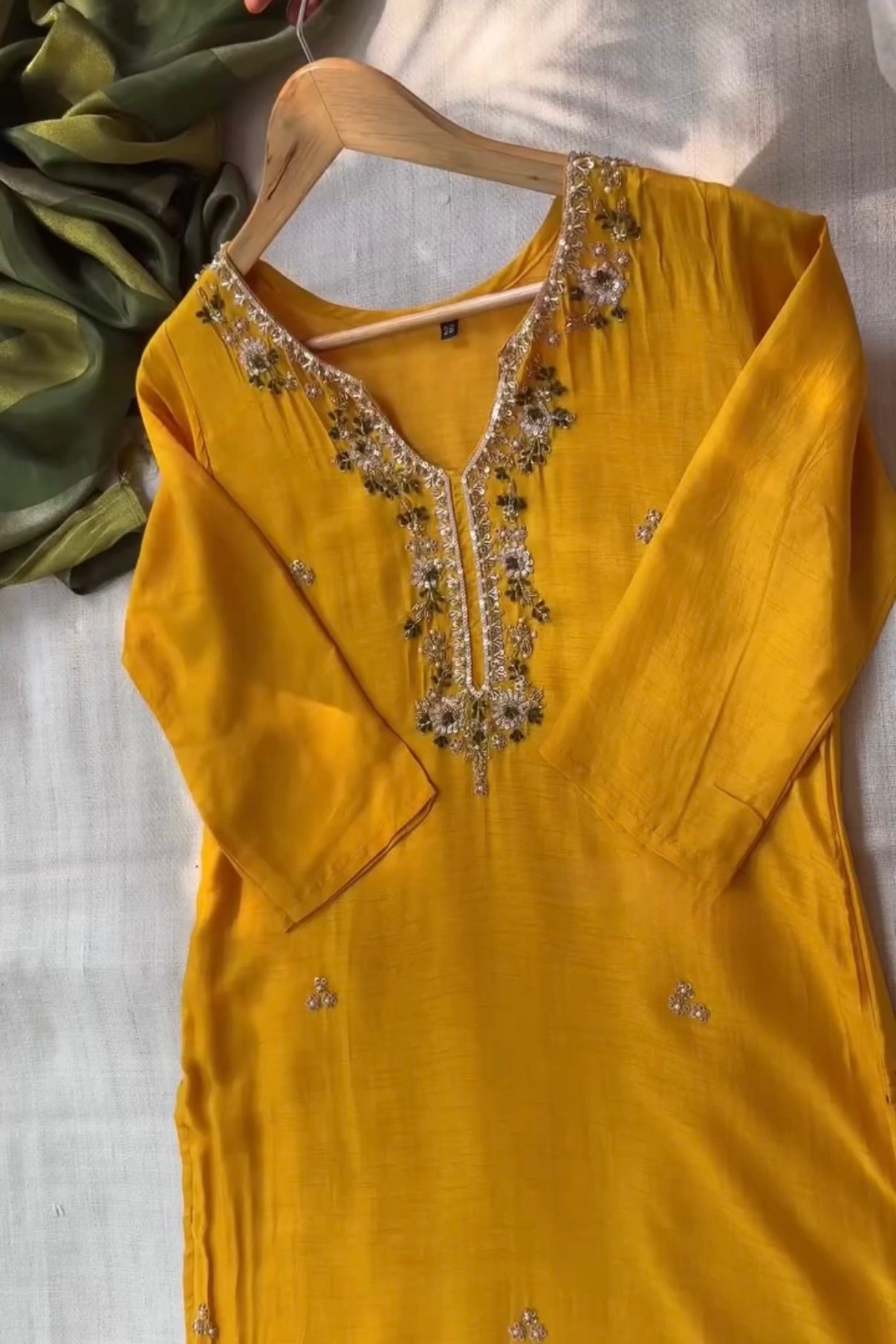 “AIRA” Mustard Yellow dola silk kurta with Green Striped Tissue Dupatta set