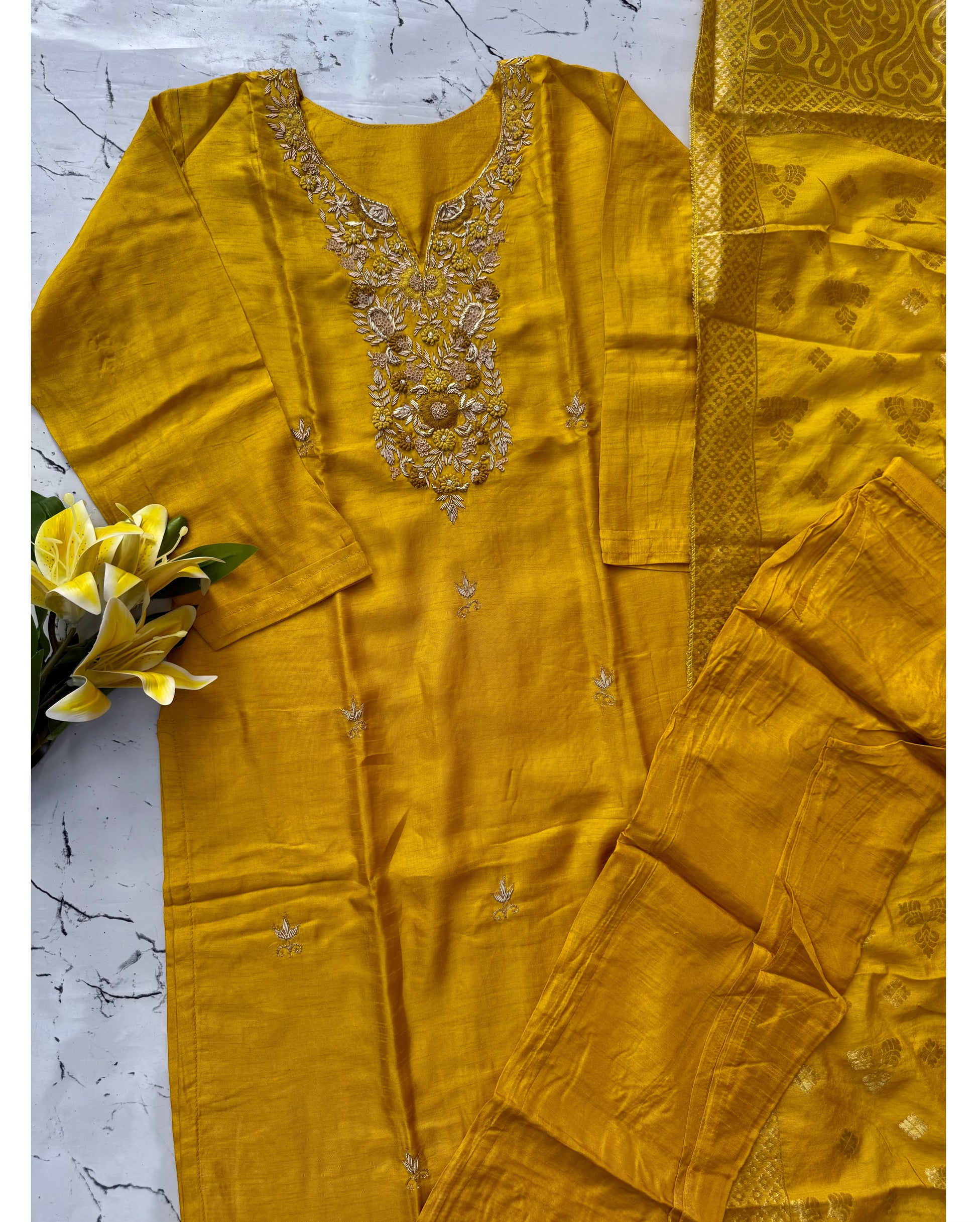 "Nadia" Mustard yellow dola silk kurta set