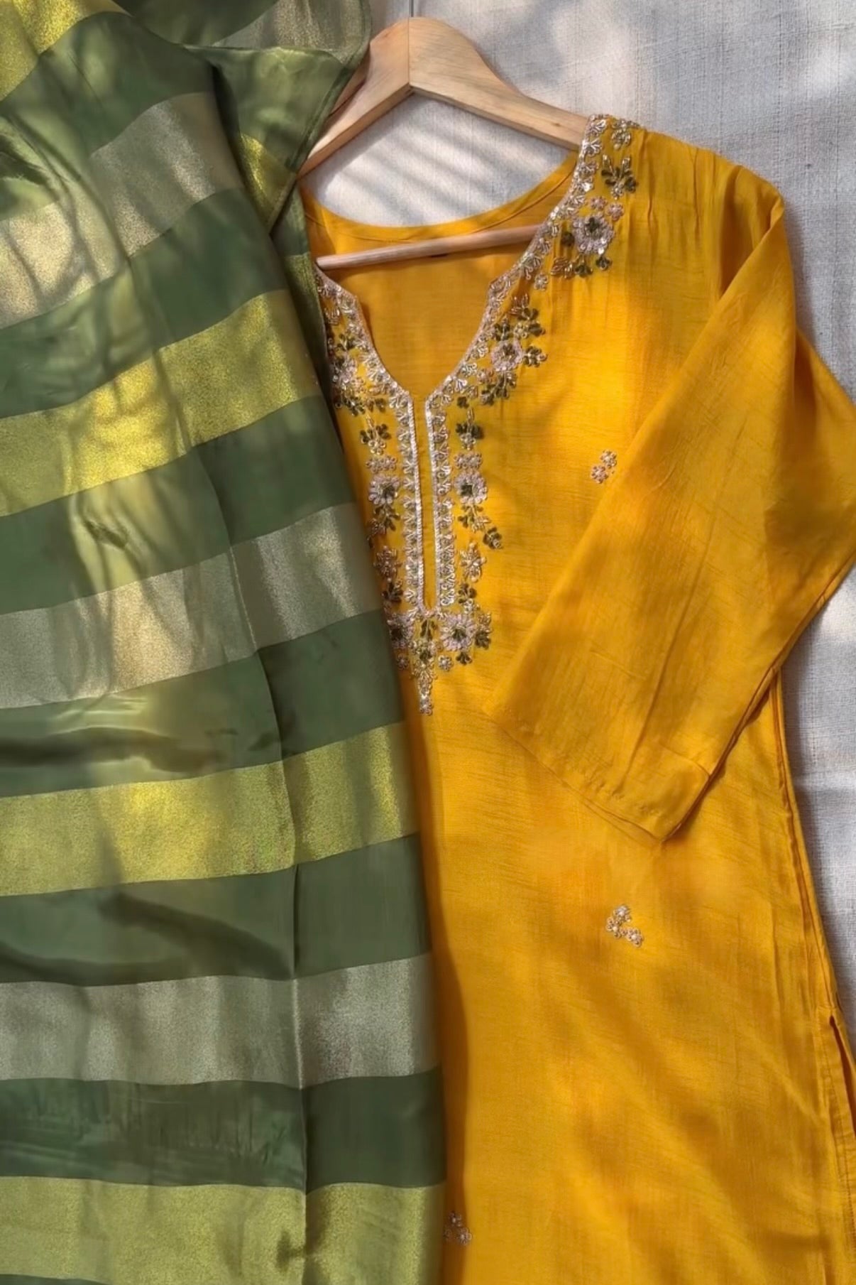 “AIRA” Mustard Yellow dola silk kurta with Green Striped Tissue Dupatta set