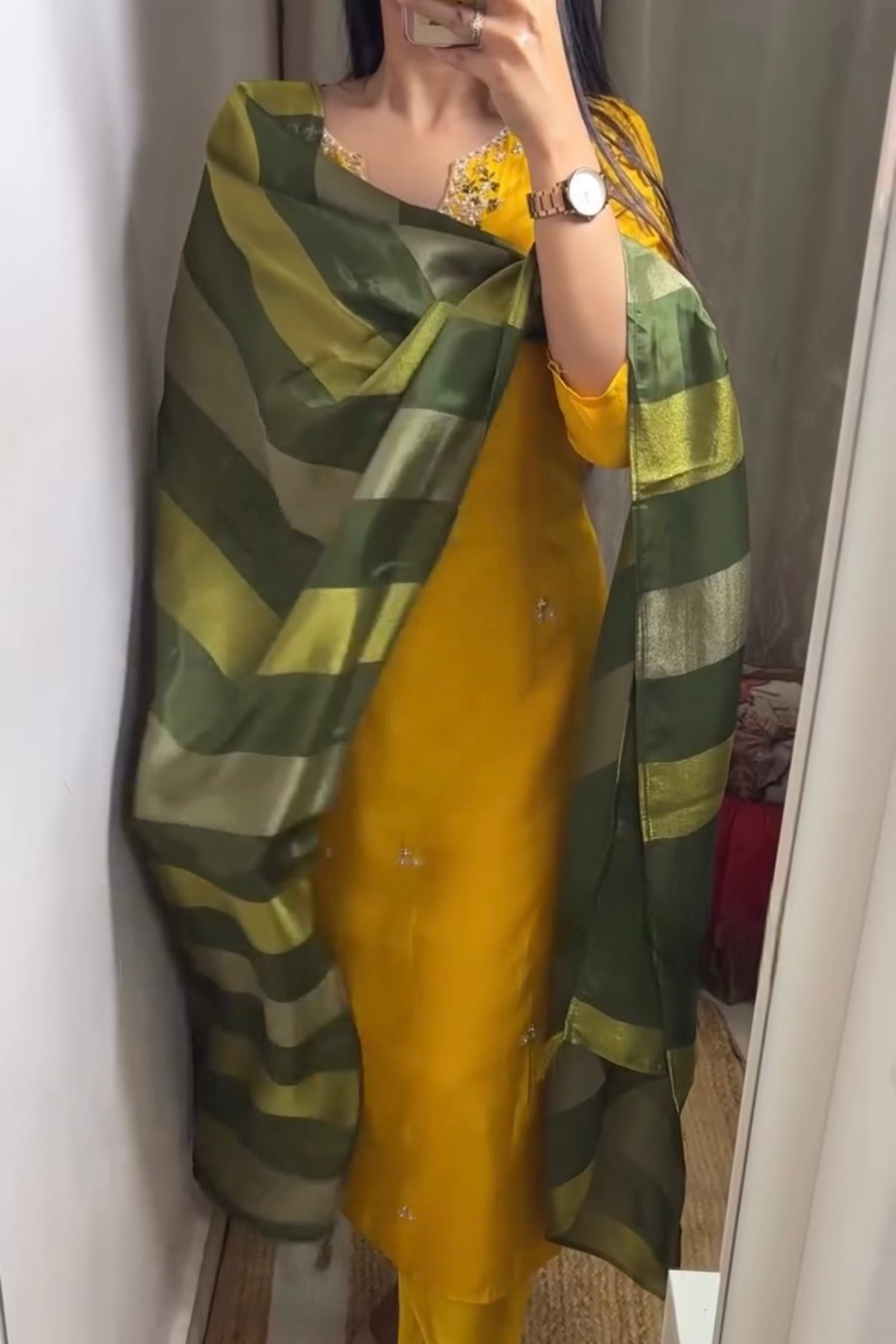 “AIRA” Mustard Yellow dola silk kurta with Green Striped Tissue Dupatta set